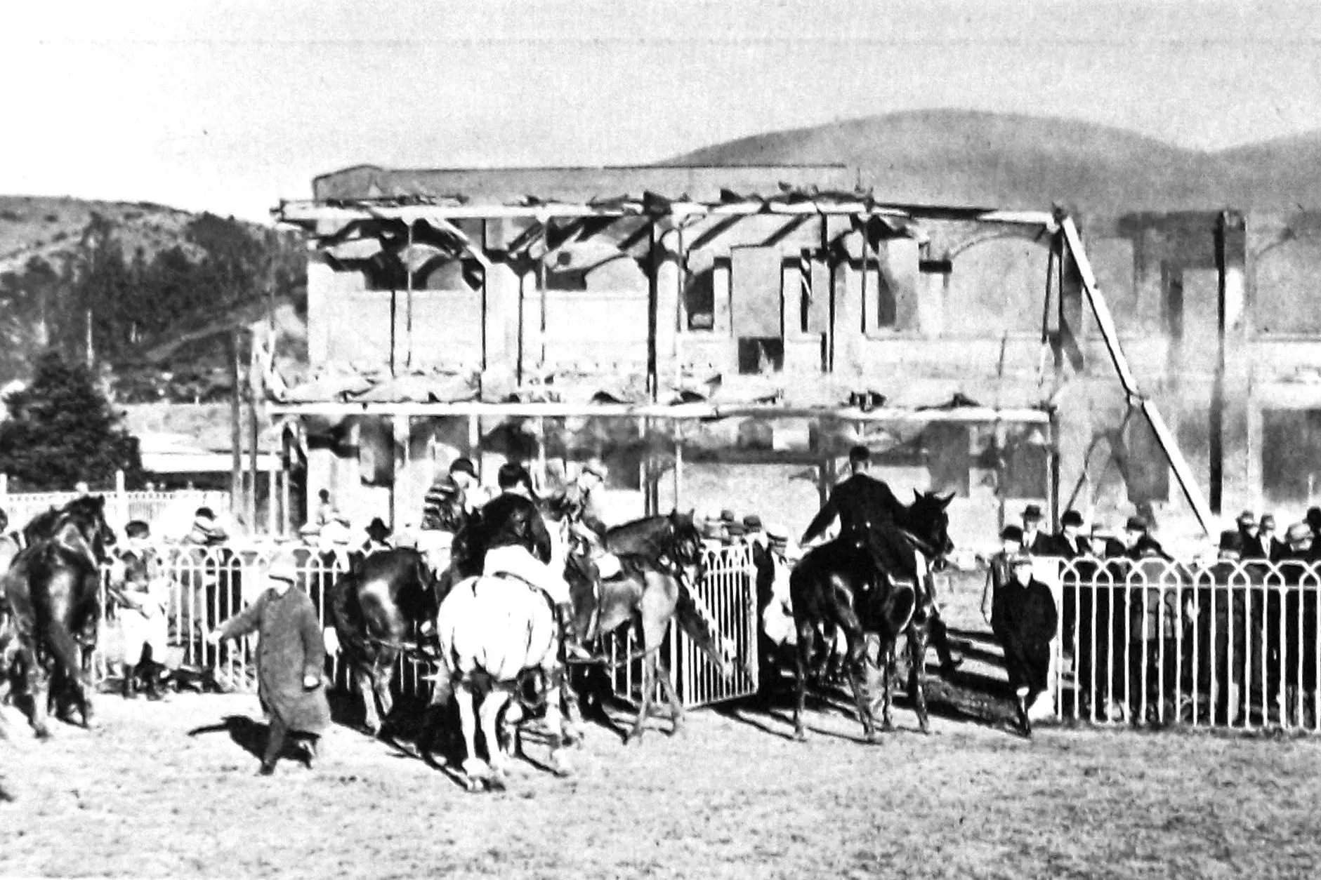 The  stewards\\' stand at Wingatui after a fire occurred during the Otago Hunt Club\\'s meeting. Photo: <i>Otago Witness</i>, Issue 3783, September 14 1926, Page 41