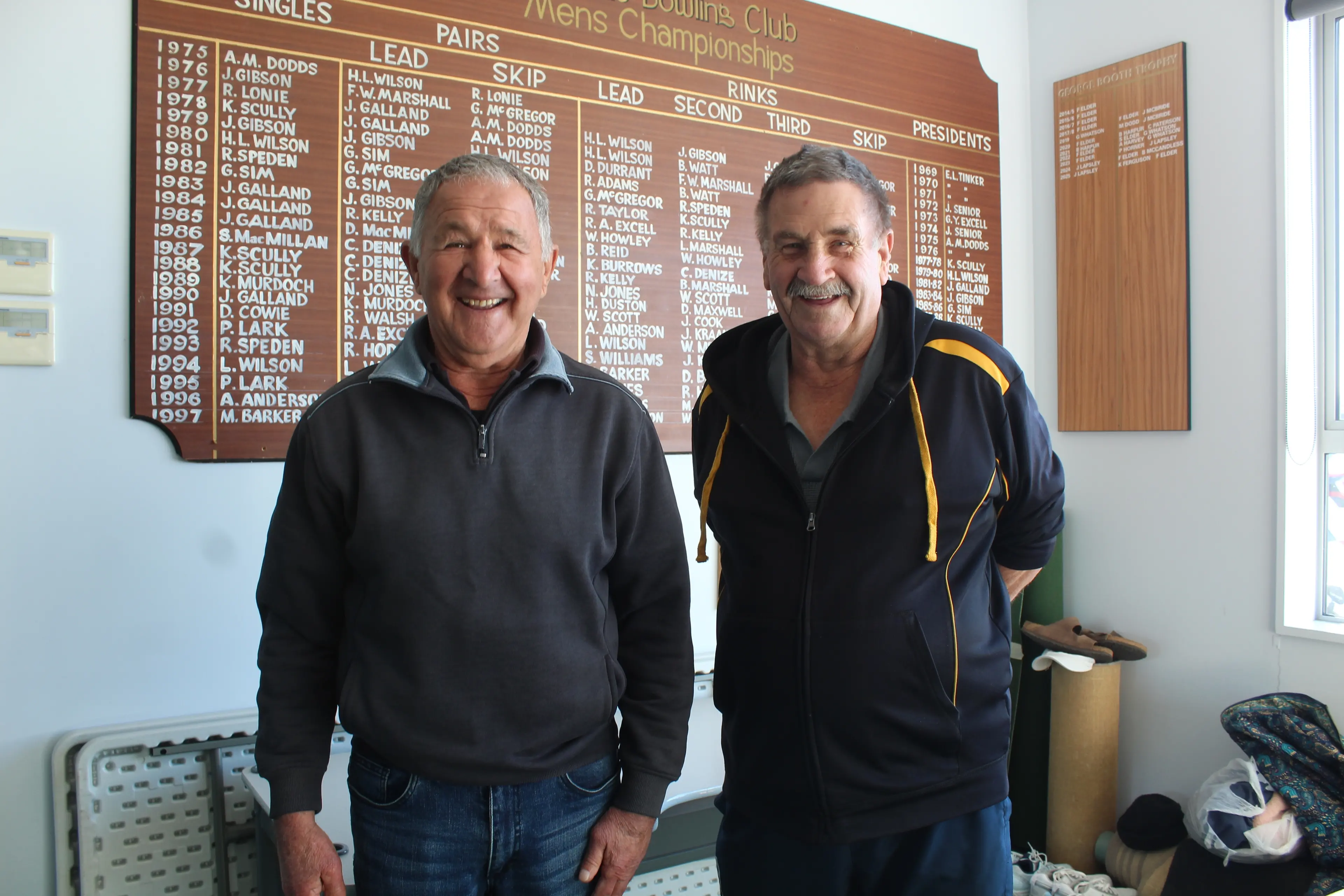 Trevor Payne (left) with Te Anau Bowling Club president Allan Hamilton. Photo: Tayler Mutton