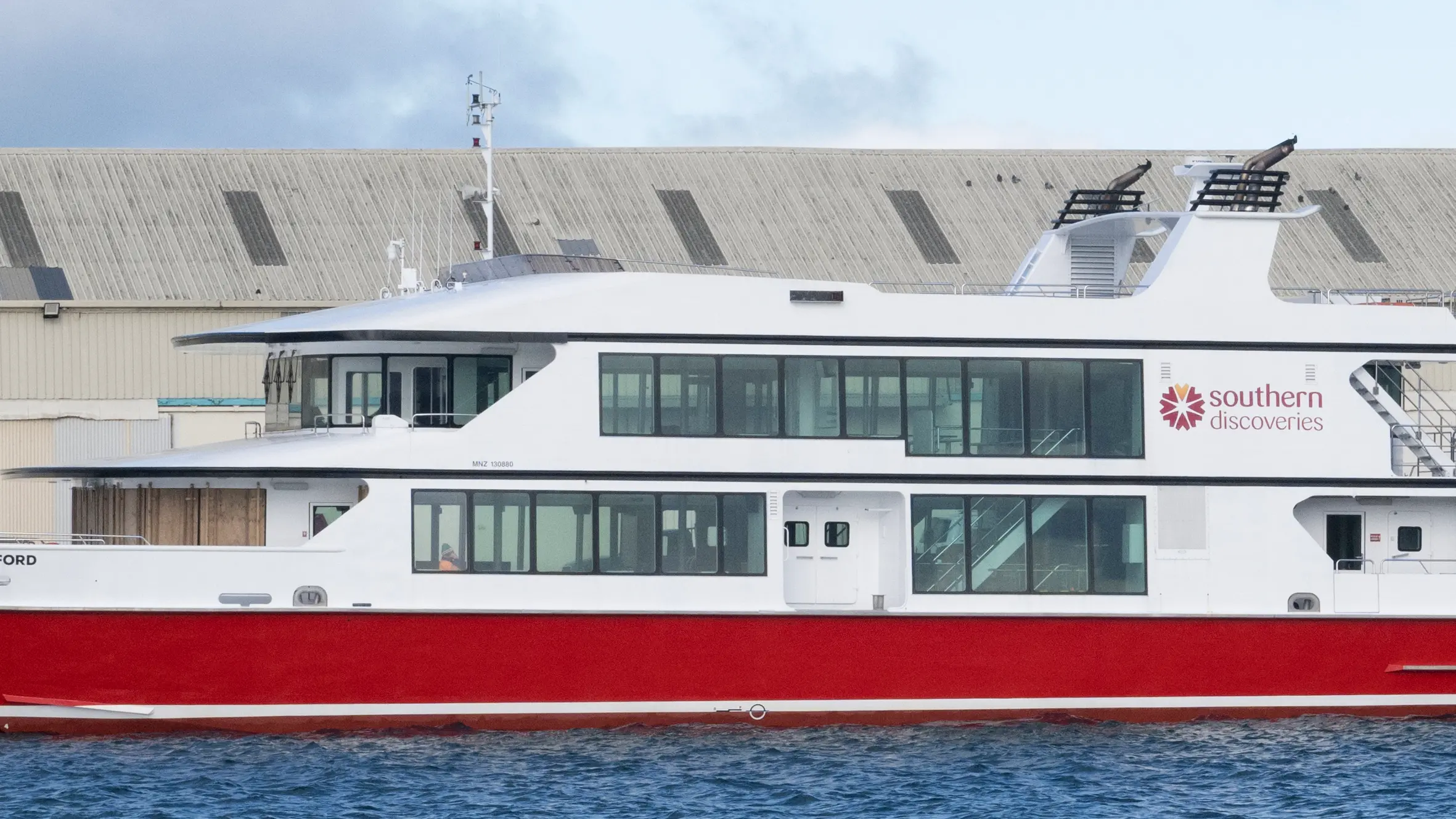 Catamaran docked for maintenance