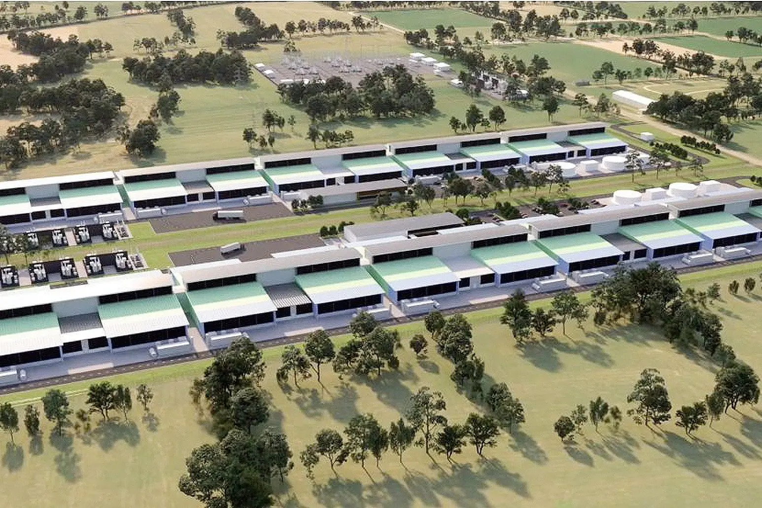 An artist\\'s impression of the proposed Datagrid data centre near Invercargill, which is slated to consume at least 280MW. IMAGE: DATAGRID NZ