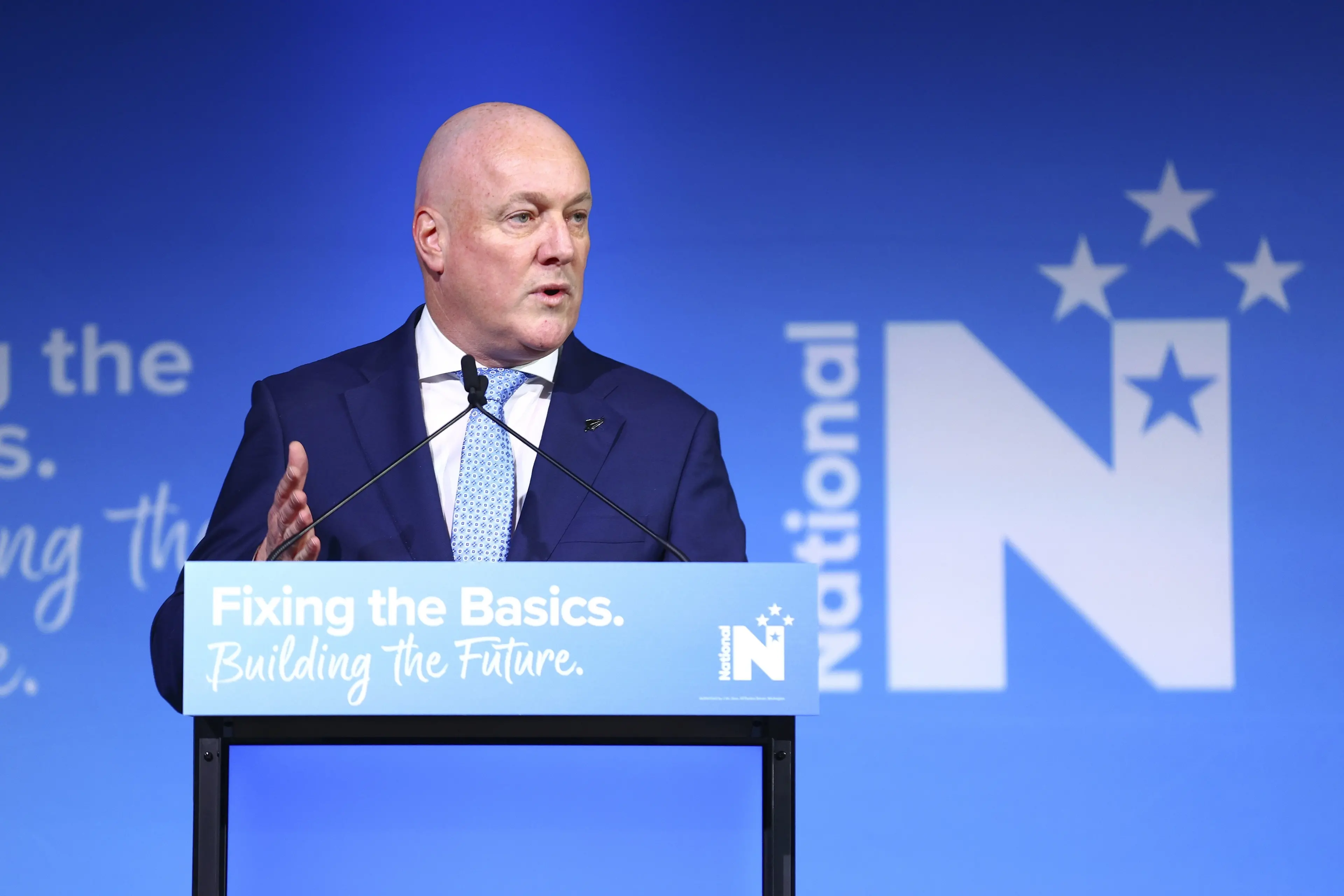 Party leader and Prime Minister Christopher Luxon speaks during the National Party 90th Annual Conference at Lower Hutt Event Centre on June 20, 2026 in Lower Hutt, New Zealand. Photo: Getty Images