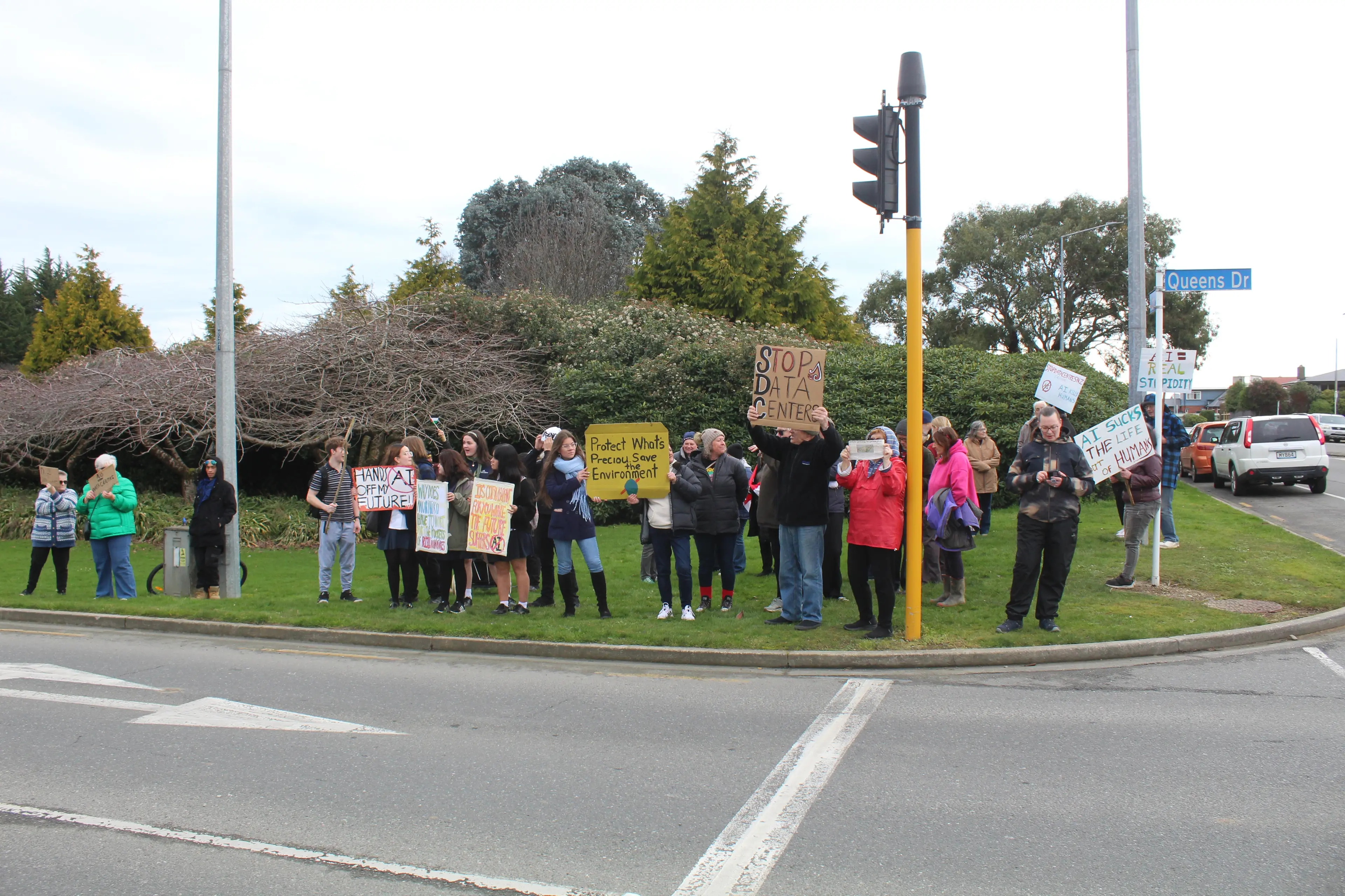 Around 30 people attended the Stop Data Centres protest in Invercargill on Wednesday. Photo: Tayler Mutton