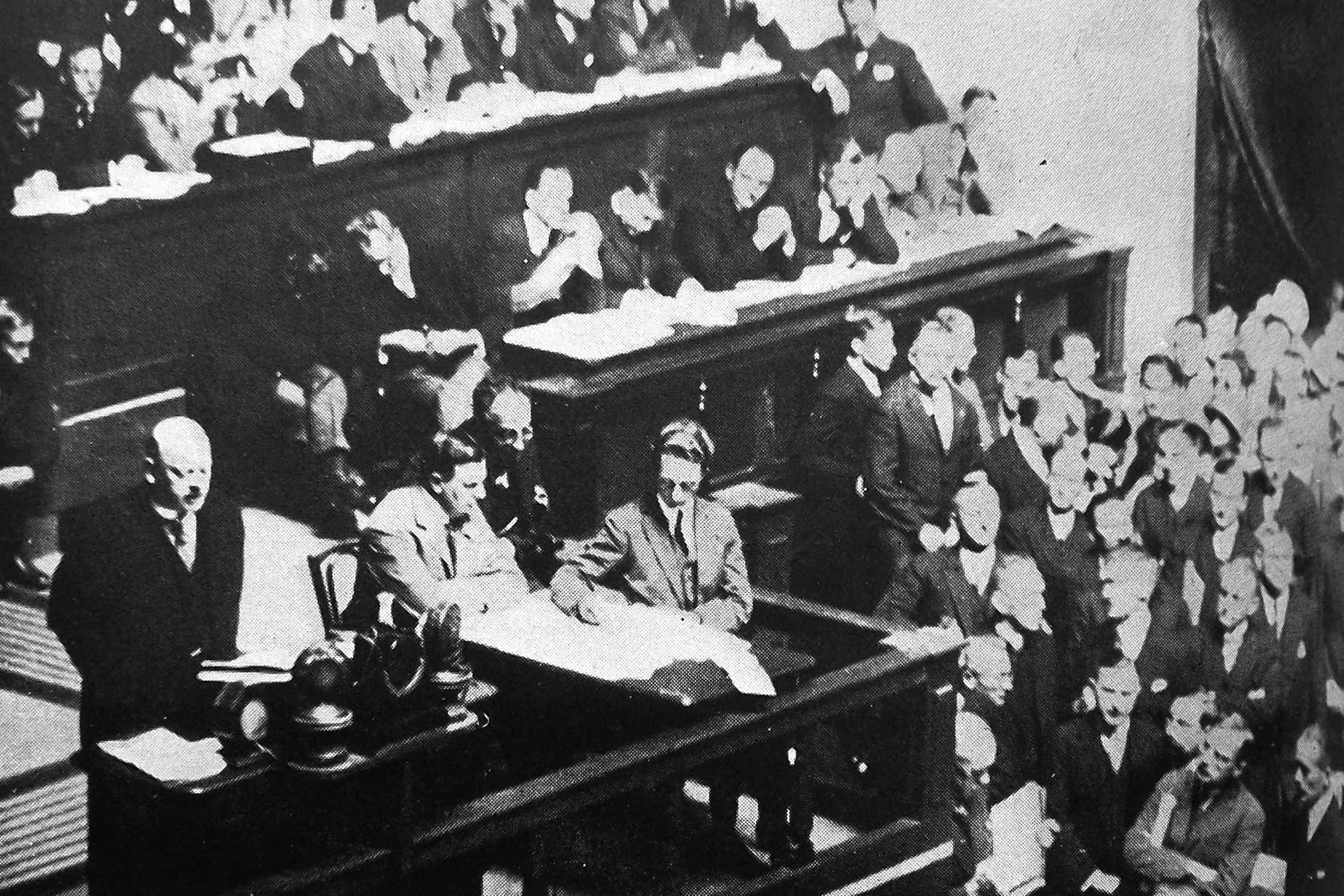 The historic scene at the League of Nations Assembly, when Germany was admitted as a member of the League. German chancellor Gustav Stresemann is seen addressing the Assembly. Photo: <i>Otago Witness</i>, issue 3791, November 9, 1926, page 46