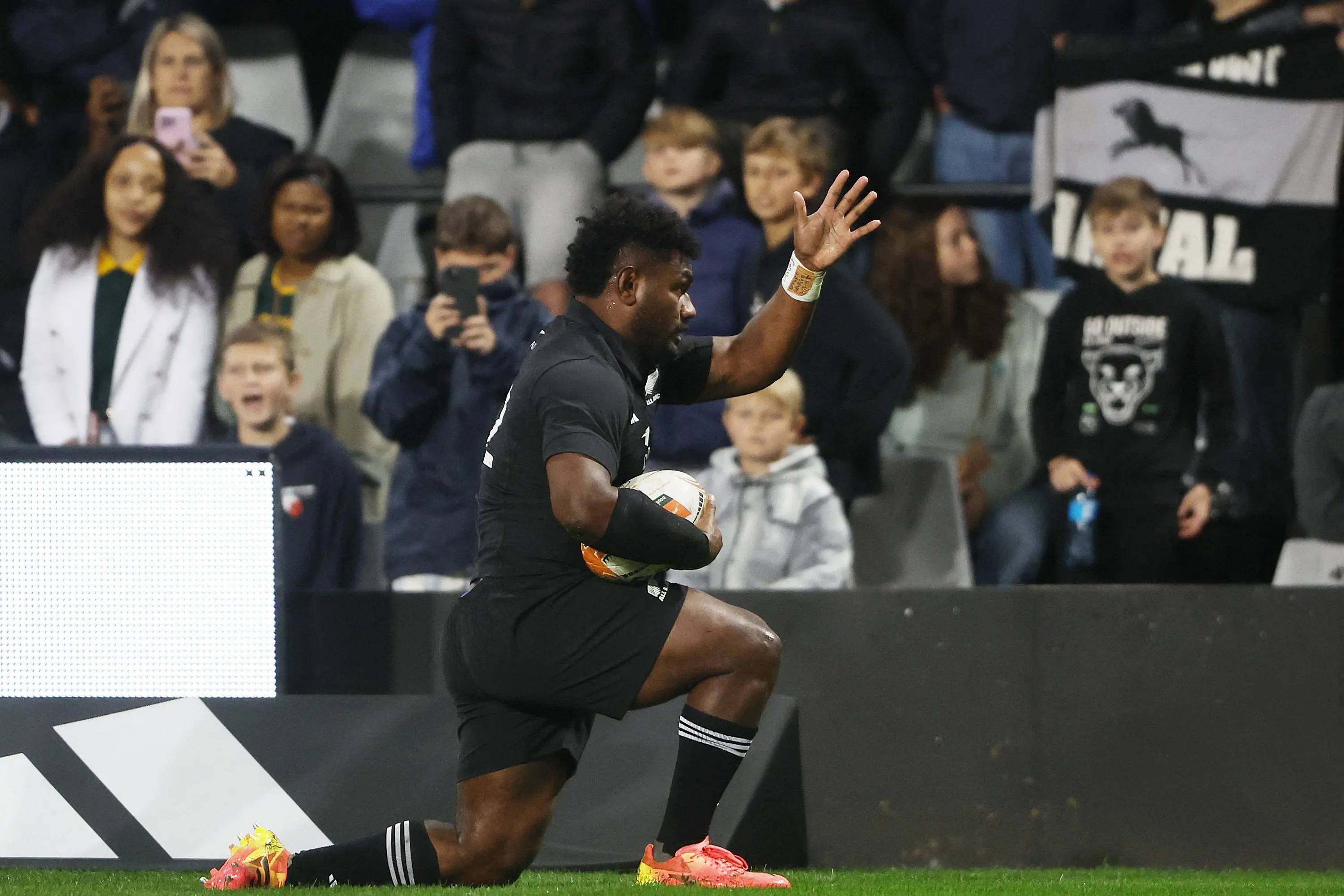 Timoci Tavatavanawai celebrates scoring a try for the All Blacks against the Sharks. Photo: Reuters