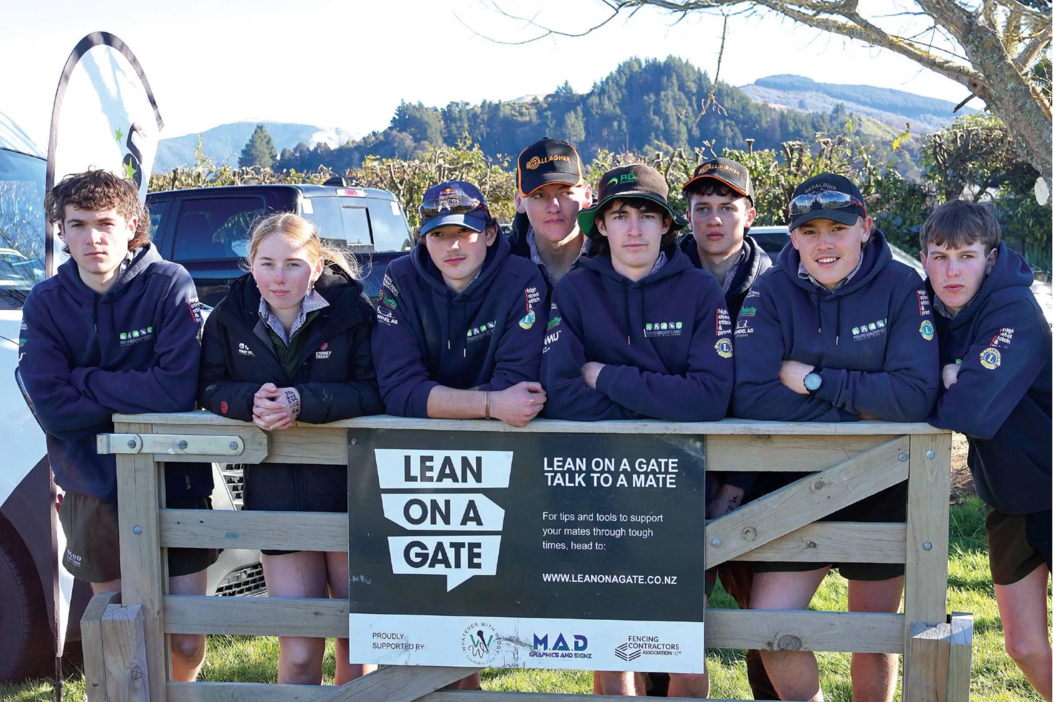 Primary Industry Academy competitors at Riwaka, from left, Harry O\\u2019Connell, Maisie Hancox, Tom Lamb, Harry Brown, Angus Leary, Benaiah Courage, Tom McKeown, and Sam O\\u2019Connor. Photo: Supplied