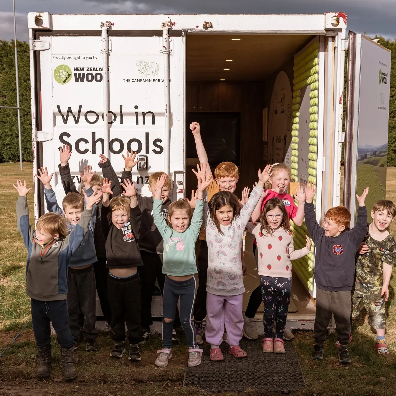 Every pupil from a Strath Taieri school share a wool education experience in a shipping container at the same time