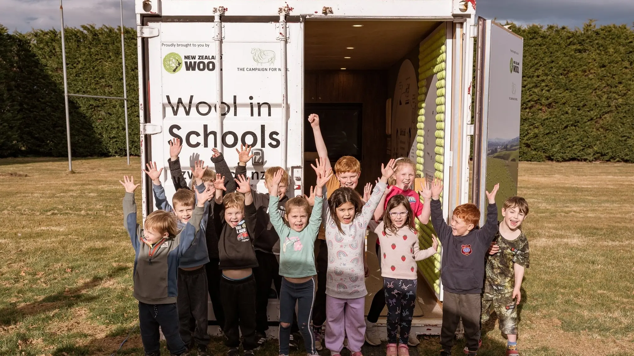 Every pupil from a Strath Taieri school share a wool education experience in a shipping container at the same time