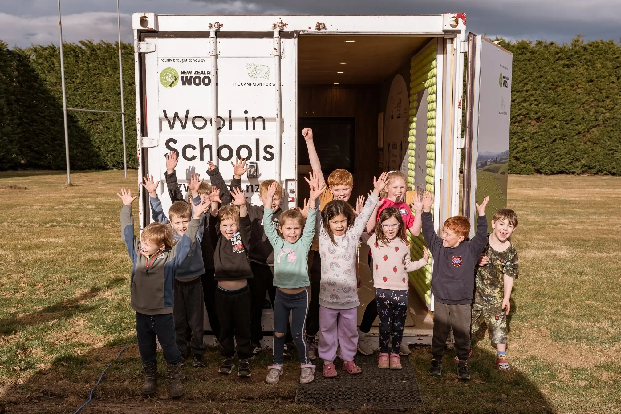 Lee Stream School pupils outside the Wools in Schools container. Photo: Supplied\\u00A0
