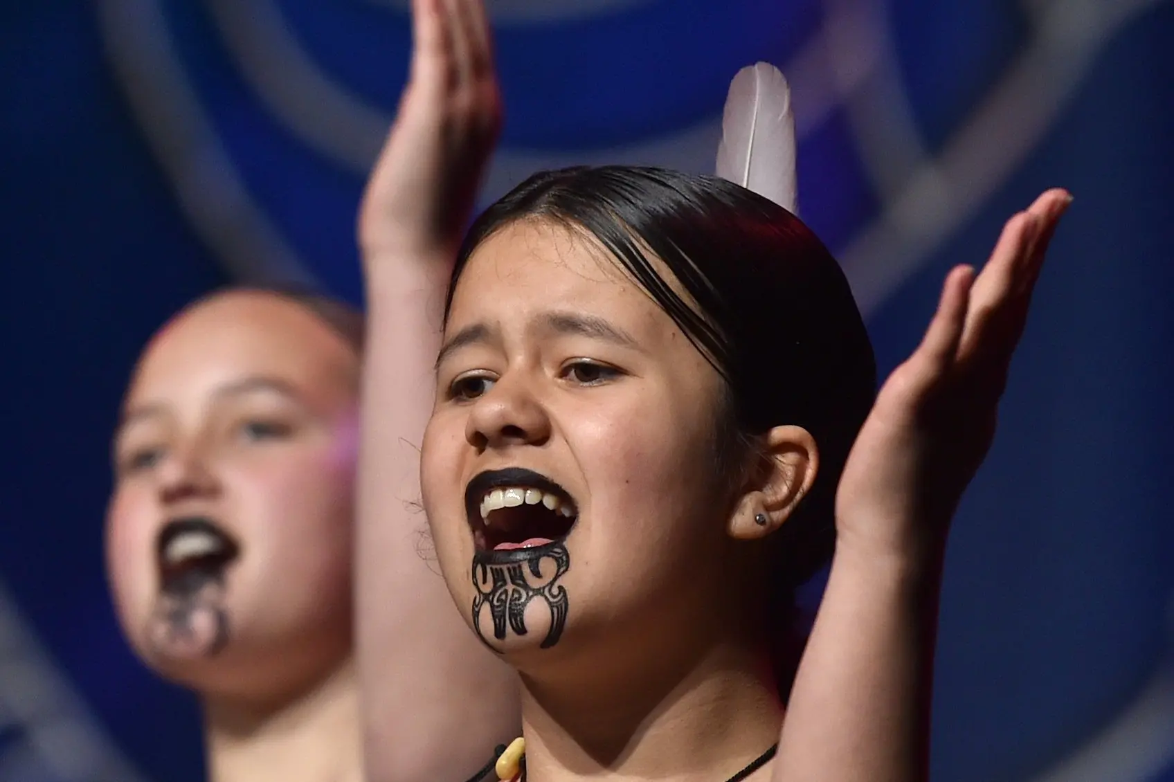 Kara-Lee Kake (left) and Tui Peke, of Te Kura Kaupapa M\\u0101ori o tepoti, perform. PHOTO: PETER MCINTOSH