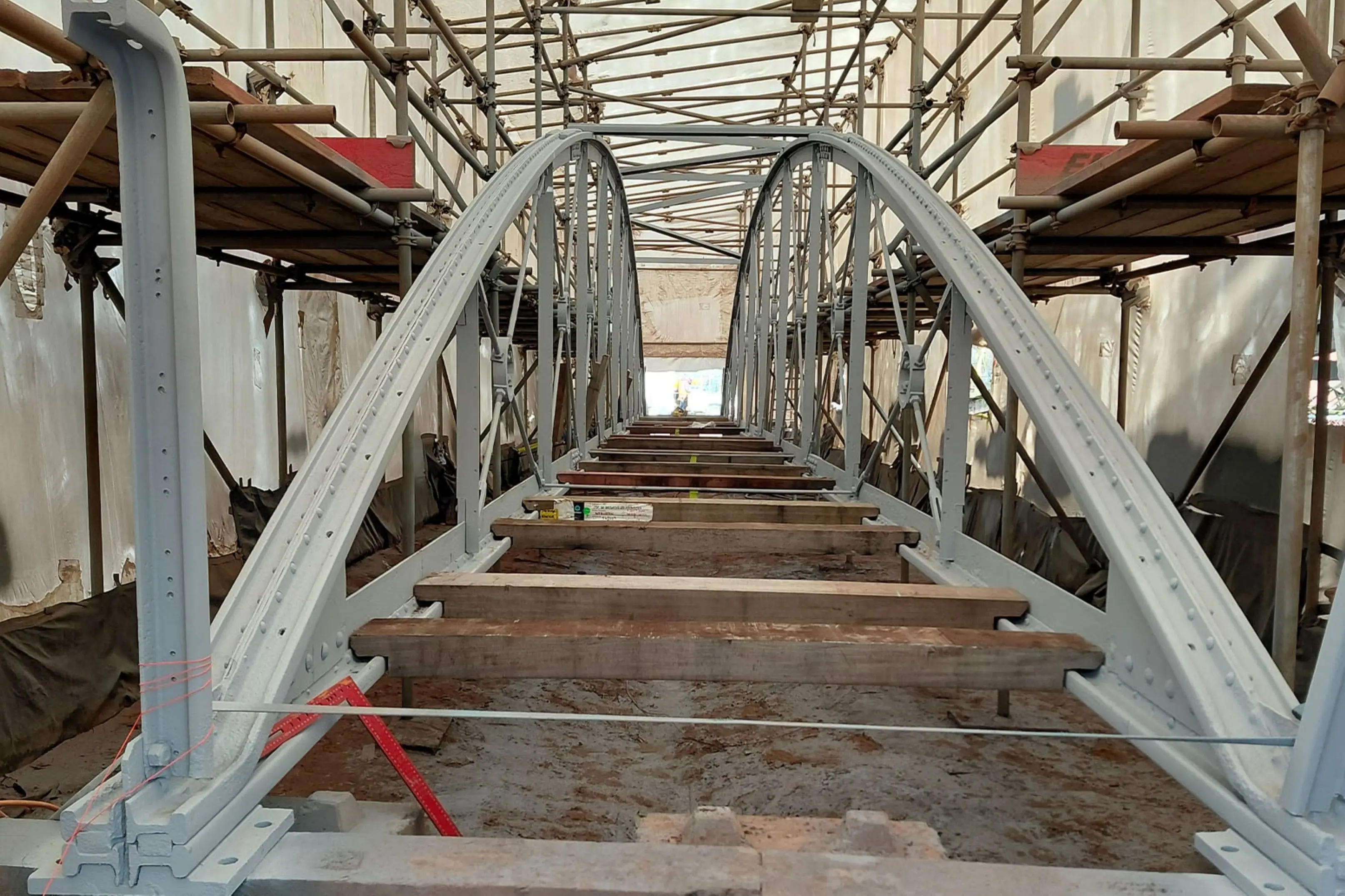 Ashburton\\u2019s historic rail footbridge restoration project\\u00A0continues with sandblasting of the steelwork and repainting. It is on track to re-open in October. Photo: Ashburton District Council