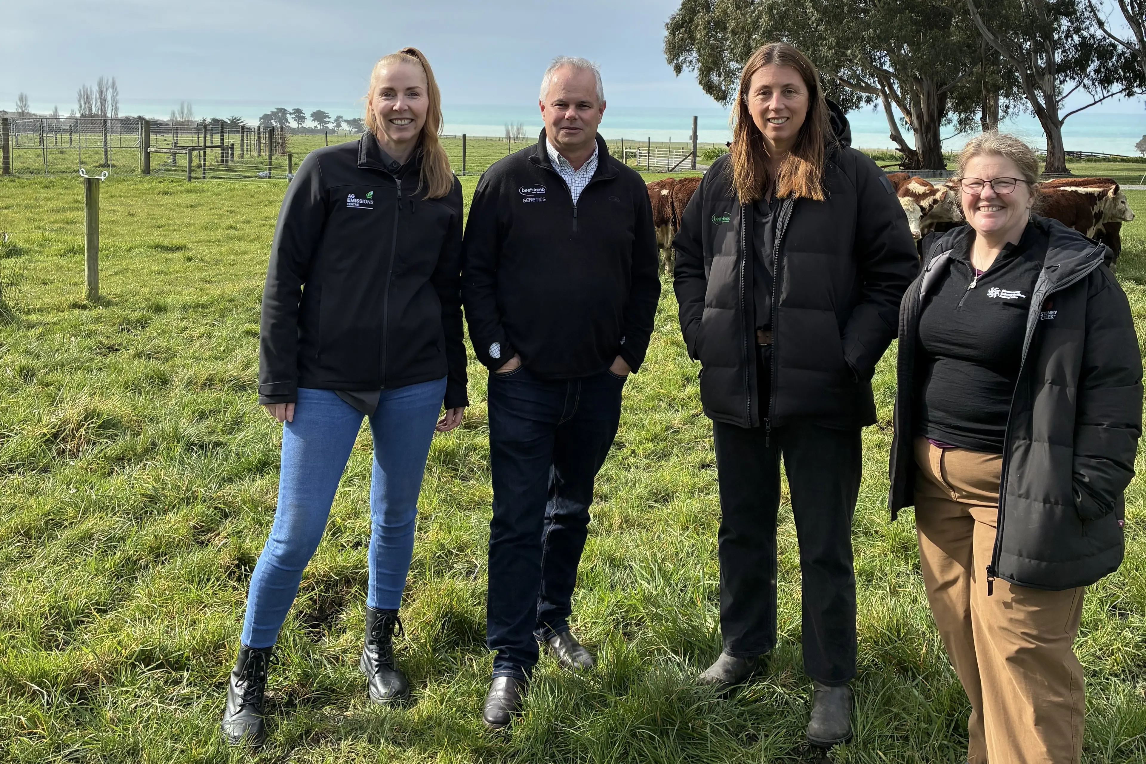 Ag Emissions Centre principal scientist Sinead Leahy, left, B+LNZ genetics head Dr Jason Archer, B+LNZ chairwoman Kate Acland and Bioeconomy Science Institute senior scientist Suzanne Rowe at the Te Mania launch of the new Cool Beef programme. Photo: Supplied
