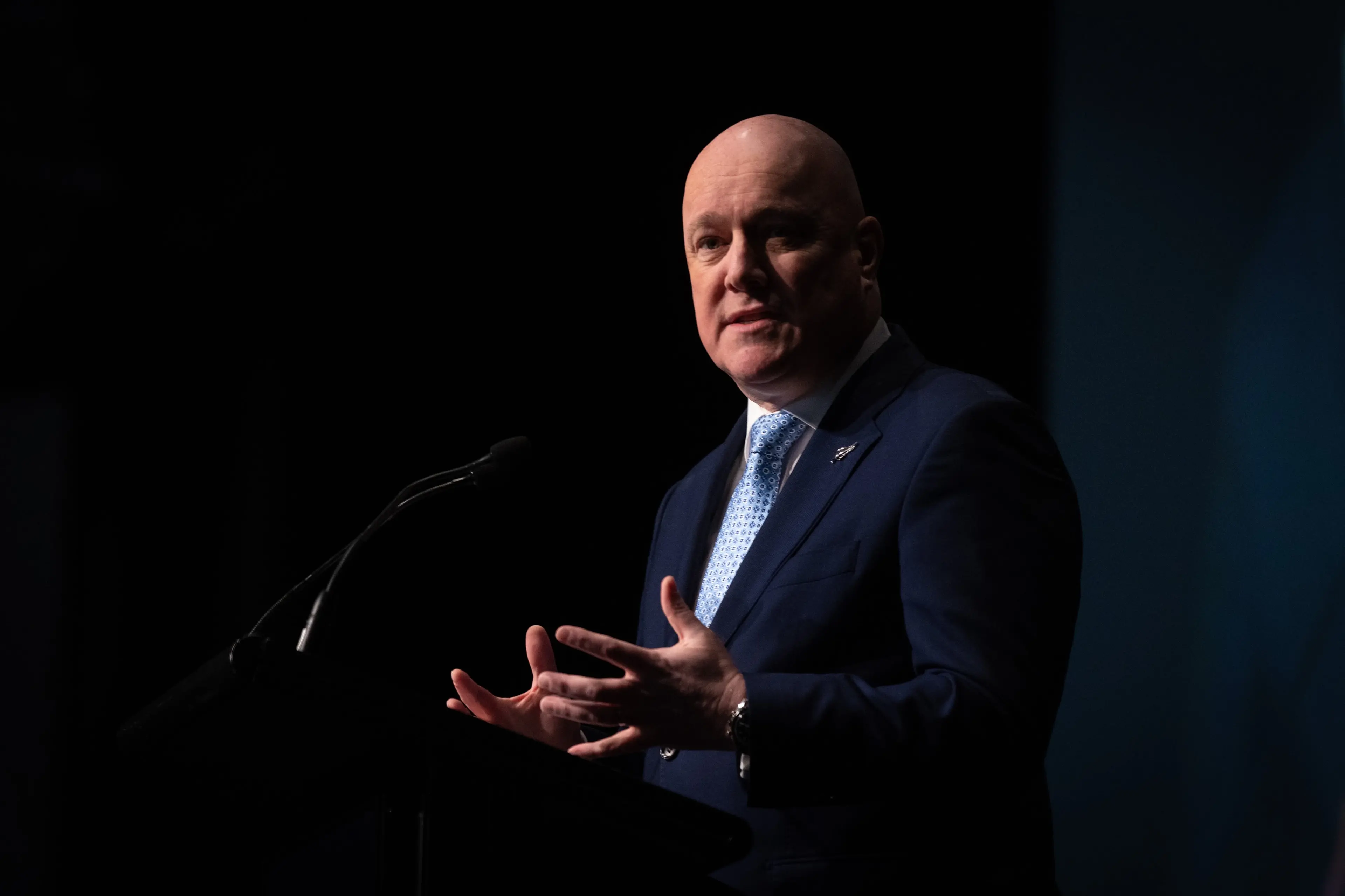 Prime Minister Christopher Luxon announces his plan for the South at the South Island election conference in Christchurch. Photo: RNZ/Nathan McKinnon