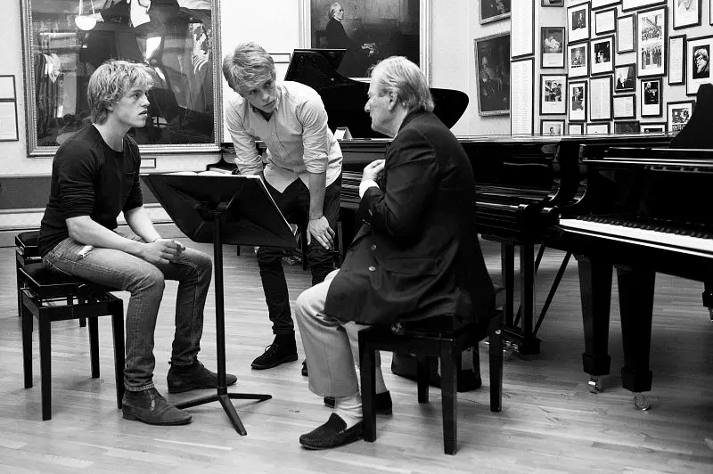 The Jussen brothers rehearse for Mozart Double Concertos in 2015 with conductor Sir Neville Marriner. Photo: Supplied