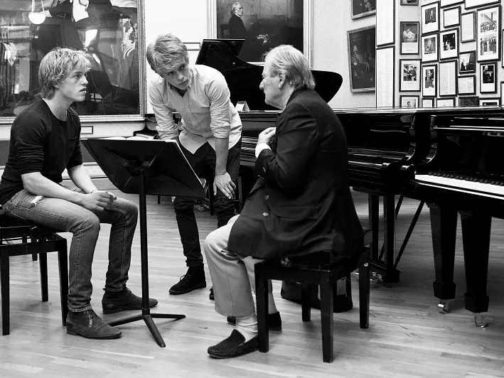 The Jussen brothers rehearse for Mozart Double Concertos in 2015 with conductor Sir Neville Marriner. Photo: Supplied