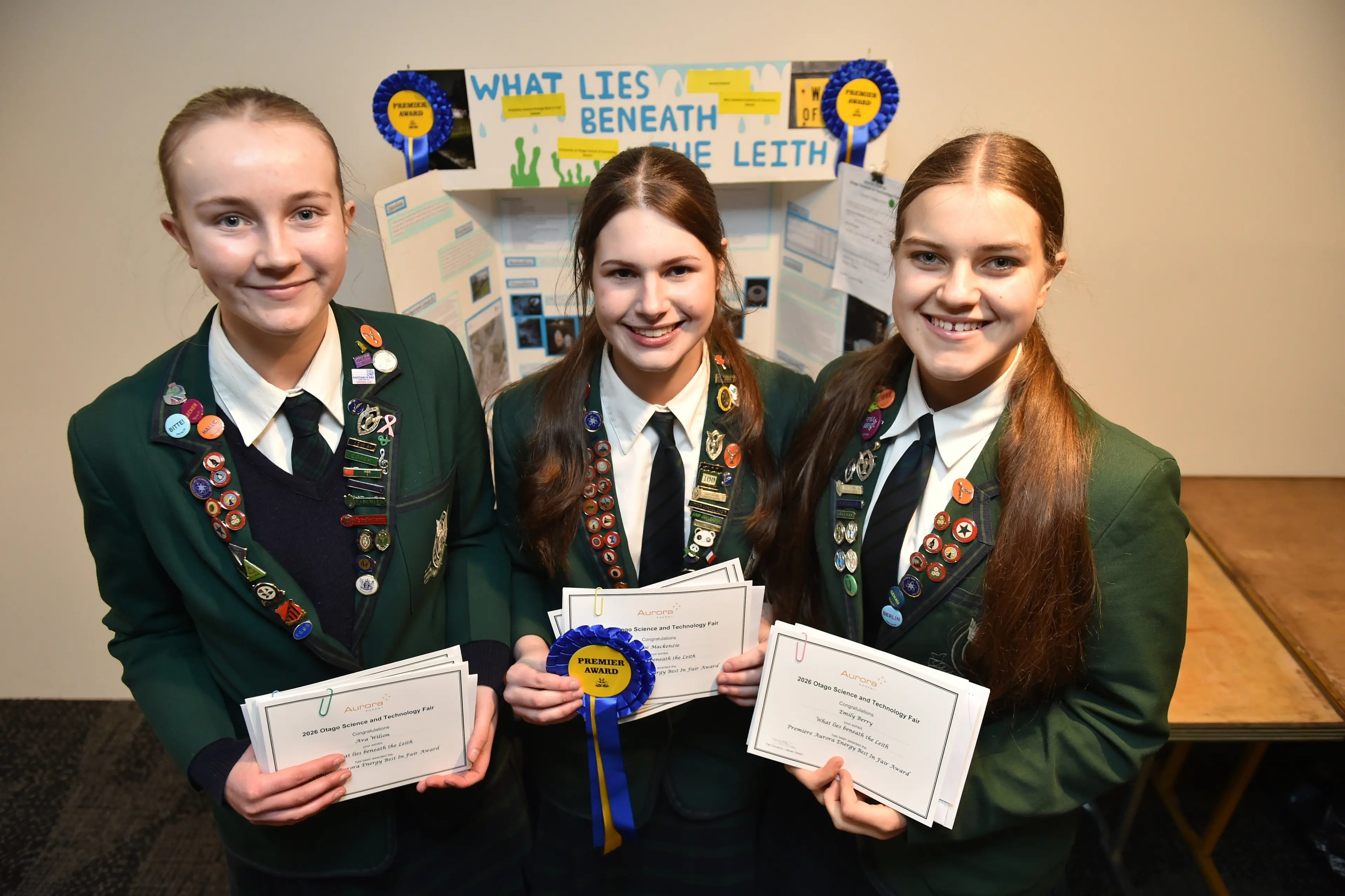 Columba College students (from left) Ava Wilson, 17, Zoe MacKenzie, 16, and Emily Berry, 17, won the premier award at the Otago science fair. They were at the Hutton Theatre in Dunedin on Sunday for the prizegiving. Photo: Gregor Richardson