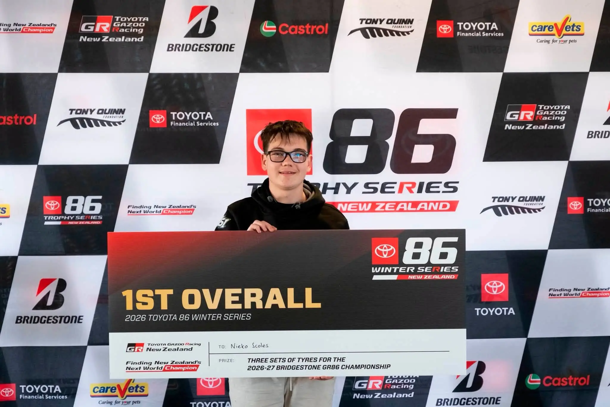 Nieko Scoles after winning the 2026 Toyota Winter Series title at Manfeild Circuit Chris Amon in Feilding recently. Photo: Bruce Jenkins Toyota Gazoo Racing NZ