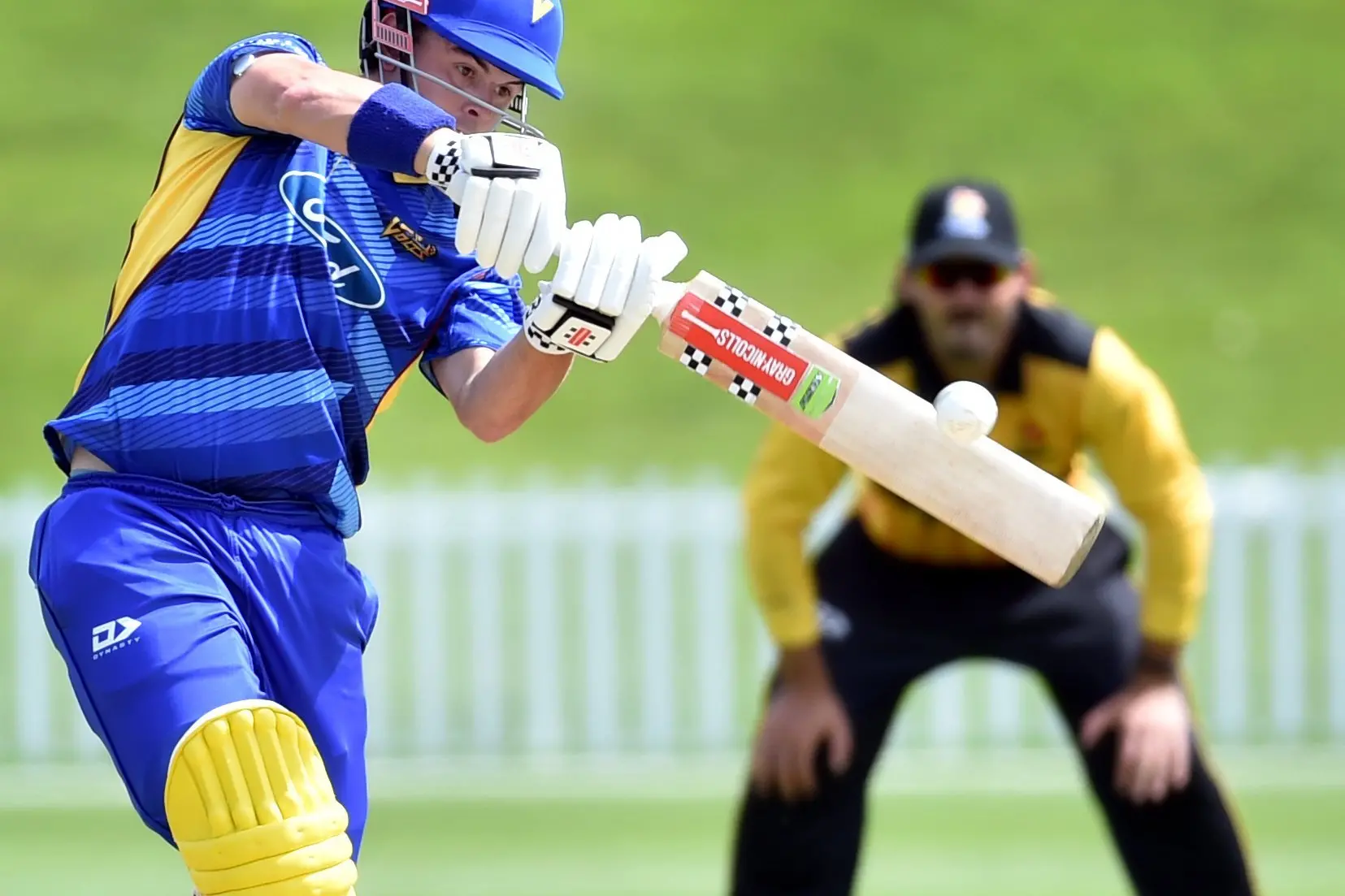 Jacob Cumming blasts away for the Otago Volts during a Ford Trophy game last summer. Photo: Peter McIntosh