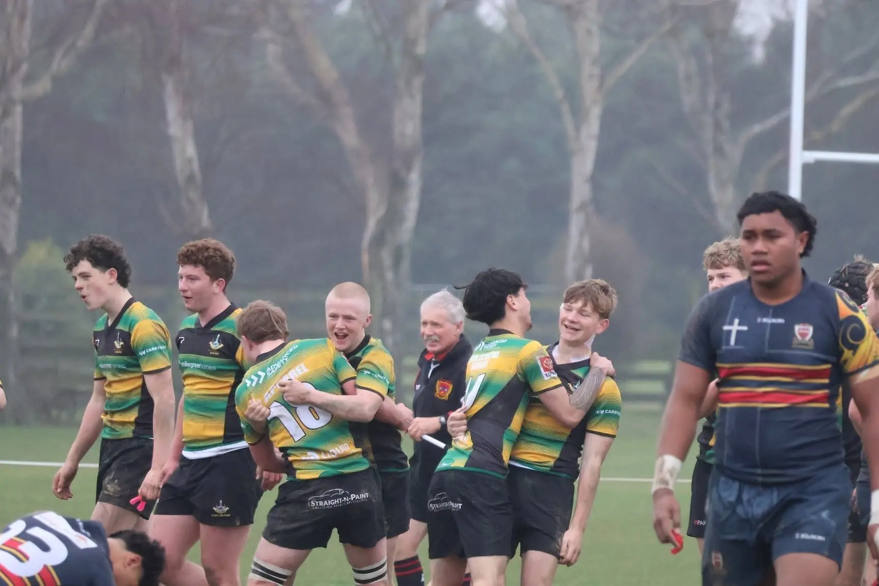 Celebrations . . . The Rangiora High School boys\\u2019 first 15 rugby team celebrates its win against St Thomas of Canterbury College on Saturday. Photo: Alix Bush