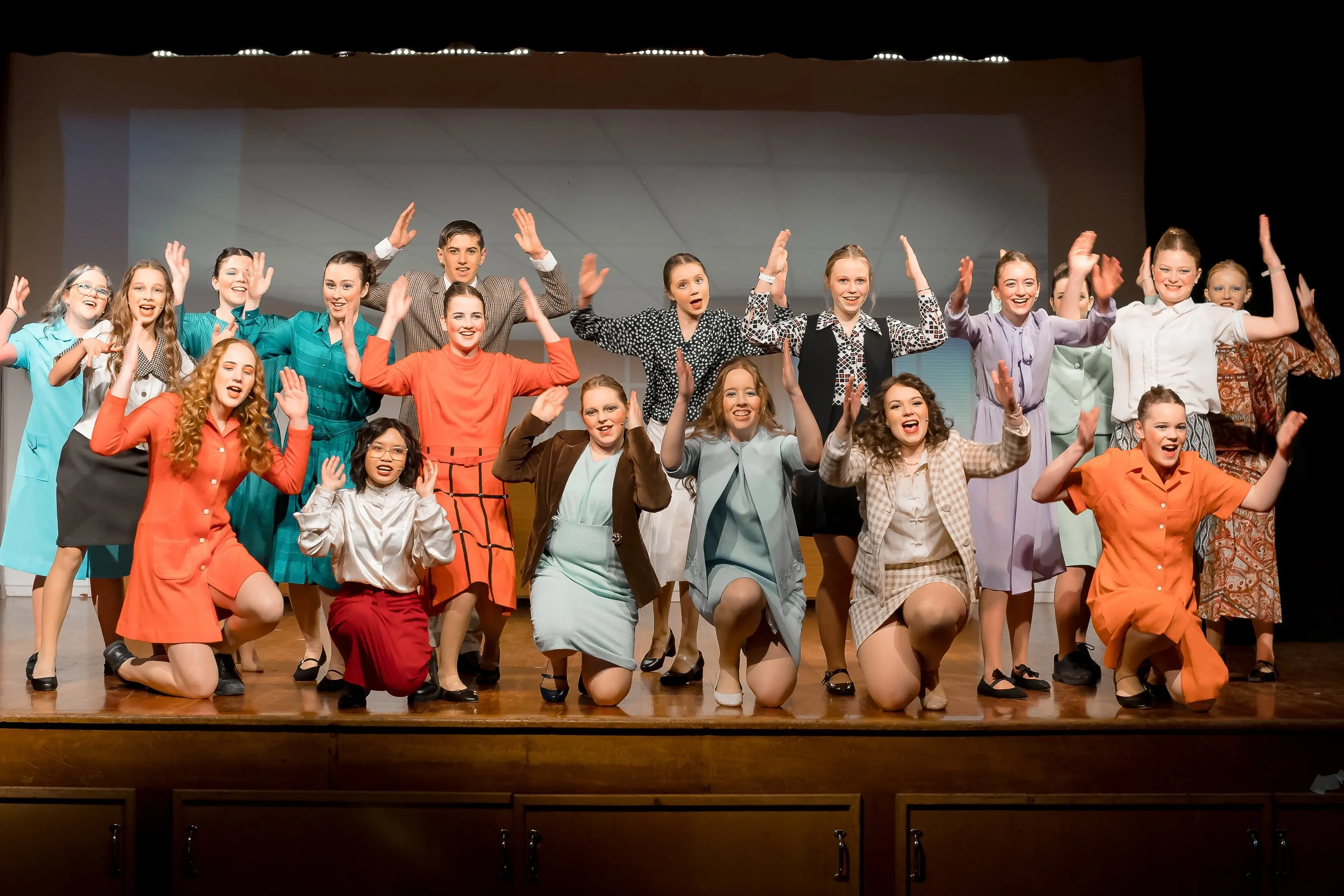 The Waimate High School cast of \"9 to 5 JR\" perform the high-energy number \"Around Here\". Photo: Craig Robertson