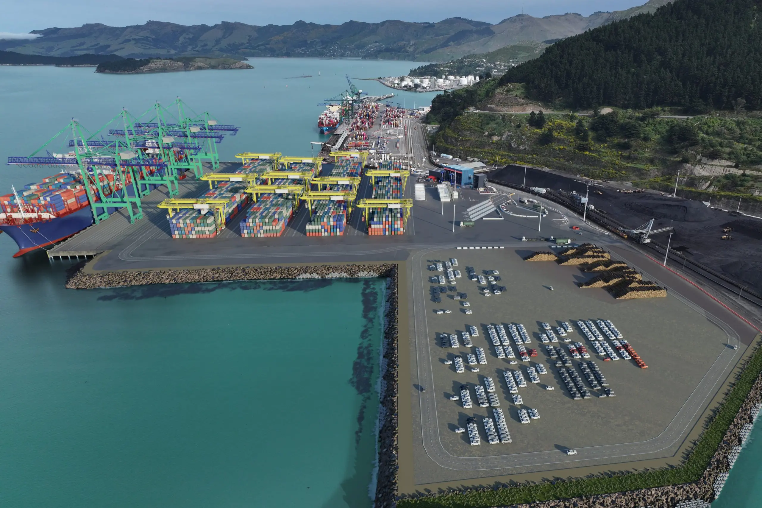 An artist\\'s impression of Lyttelton Port Company\\'s $821m development of the Te Awaparahi Bay wharf and container terminal. Image: LPC