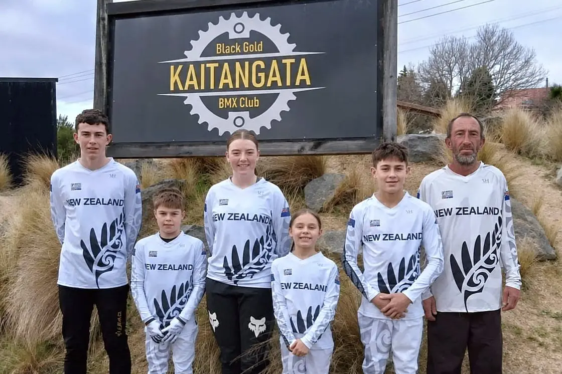 Kaitangata Black Gold BMX athletes recently returned from the BMX World Championships in Australia, from left, 2025 NZ4 Blake Glover, 15, 2026 NZ4 Fletcher Kahukura, 11, 2025 NZ4 Aida Begg, 16, NZ2 Lottie Kahukura, 8, qualified NZ2 Ardie Kahukura, 12, and 2025 Masters NZ7 Shaun McKinley. Photo: Supplied