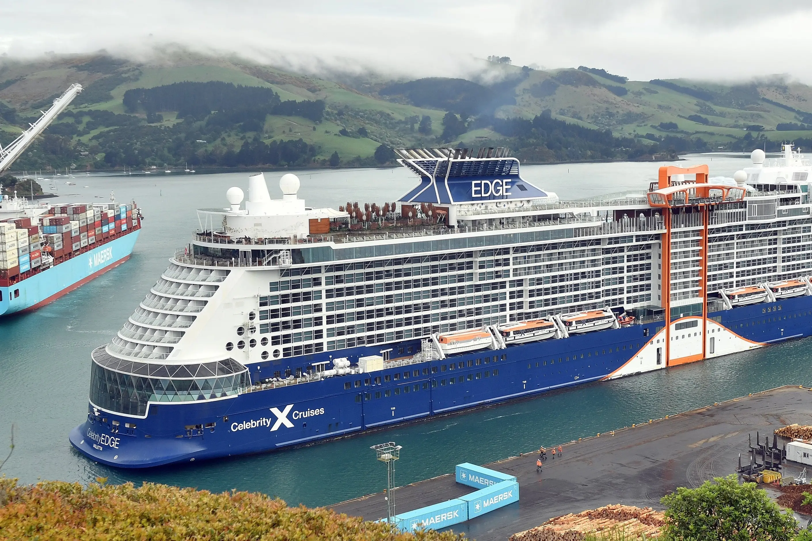 Celebrity Edge, the second cruise ship of the season, berthed at Port Chalmers at 7.30 on Wednesday morning. This ship features an elevated seafood restaurant, The Magic Carpet, attached to the outside of the ship. PHOTO: STEPHEN JAQUIERY
