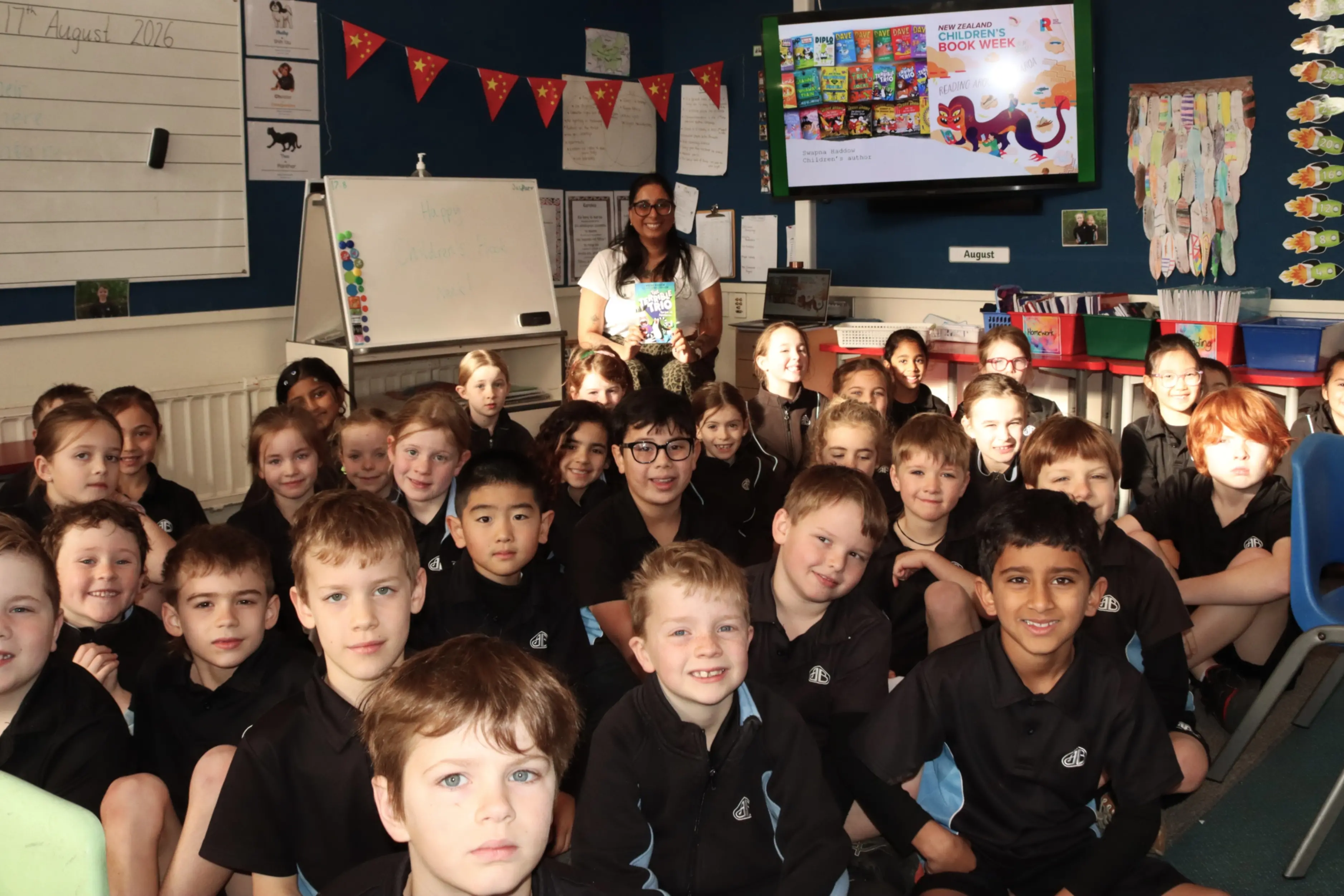 Andersons Bay School pupils gather to hear a story by Dunedin author Swapna Haddow during Aotearoa NZ Children\\u2019s Book Week. Photo: Sam Henderson