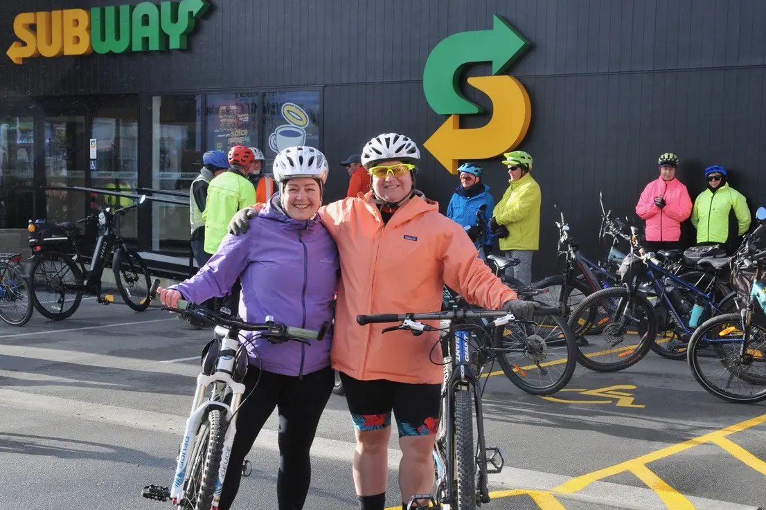 Cycling buddies... Emma Hodge, left, and Lisa Falk, both from Christchurch, at the launch of the W75 Cycle/Art Trail in Kaiapoi last Sunday morning. PHOTO: SHELLEY TOPP