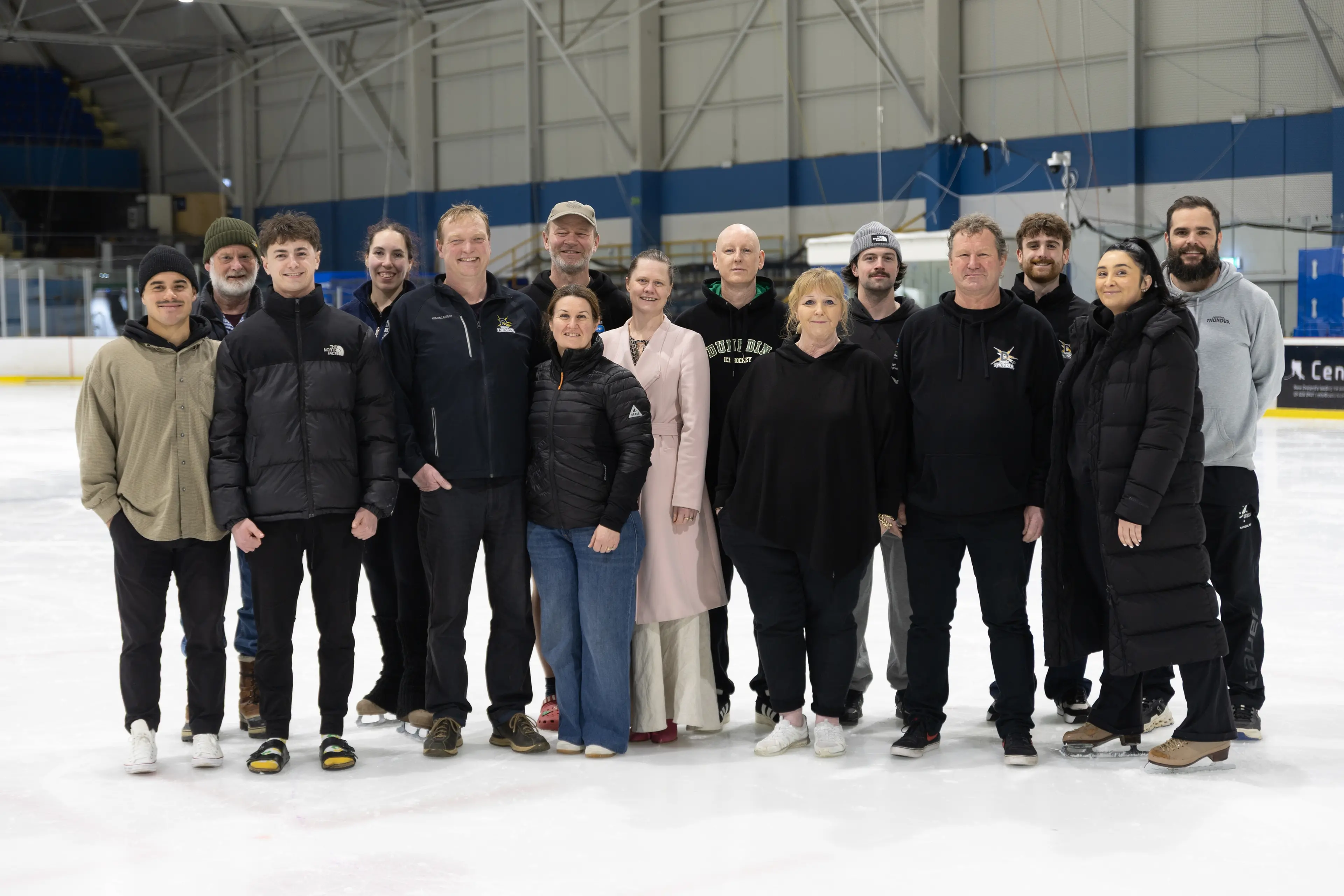 Some members of the Dunedin Thunder \"family\": back, from left, Andrew McKay, Djuna Elkan, Dave Machek, Matt Wiffen, Joe Orr  Luc Taillon, Guillaume Leclancher; front, Cole Beckstead, Ollie Rout, David Richards, Sonja Texley, Jodie Lewis, Sharon Darling, Graeme Darling, Megan Kliegl. Photo: Keaphotos