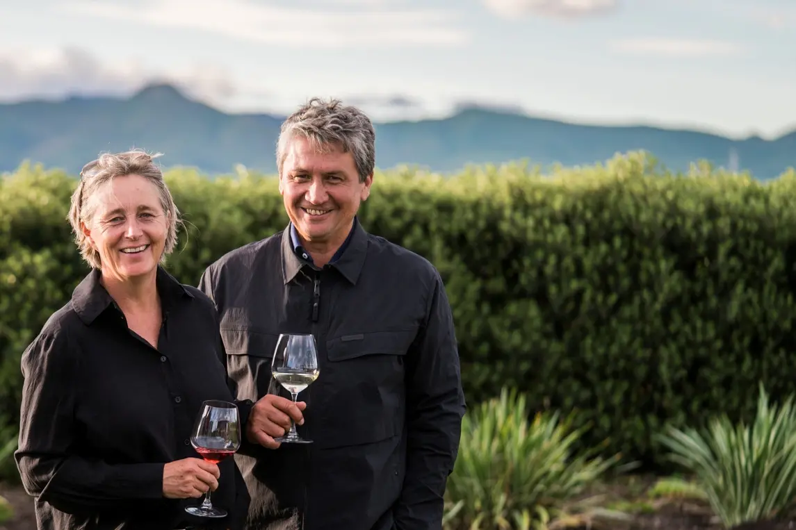Regenerative certification . . . Founders of Tiki Wine & Vineyards Royce and Sue McKean. Tiki Wine & Vineyards has become the first vineyard and winery business in New Zealand to achieve regenerative certification status by A Greener World. Photo: Supplied