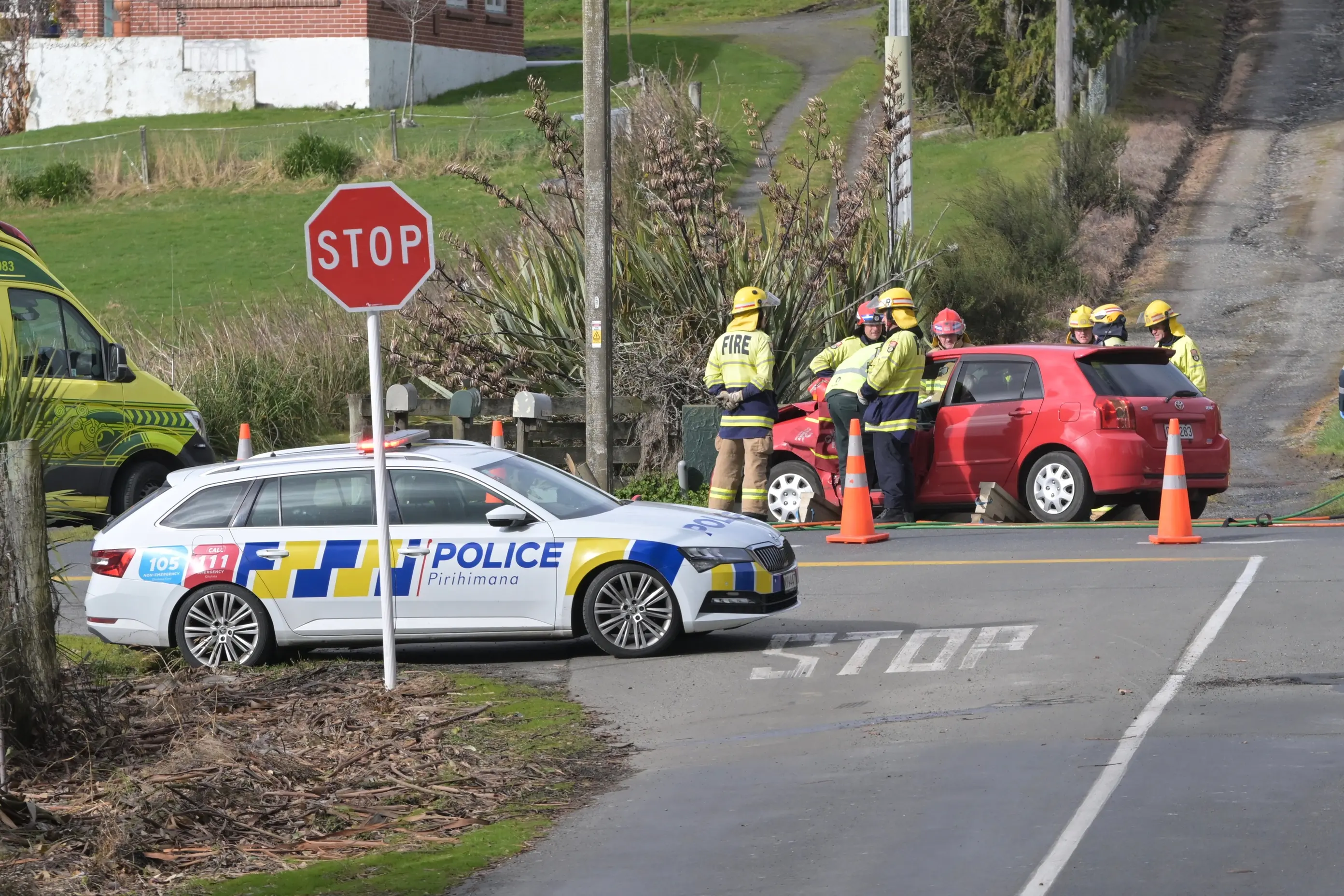 Emergency services at the scene of the crash at the intersection of Main South Road/SH1 and Gladfield Road. Photo: Gerard O\\'Brien