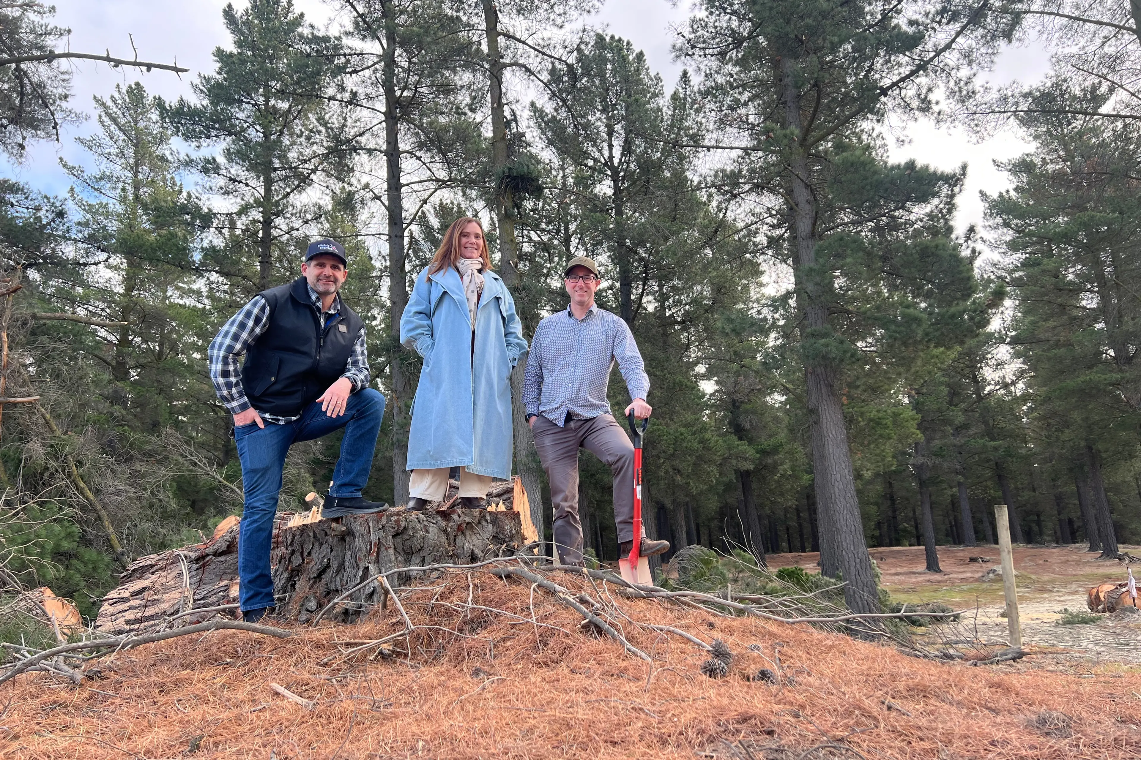 Cromwell Community Board members at the newly cleared Bannockburn site: (from left) board member Mike Casey, chairperson Anna Harrison and deputy chair Wally Sandford. Photo: Carys Trotter