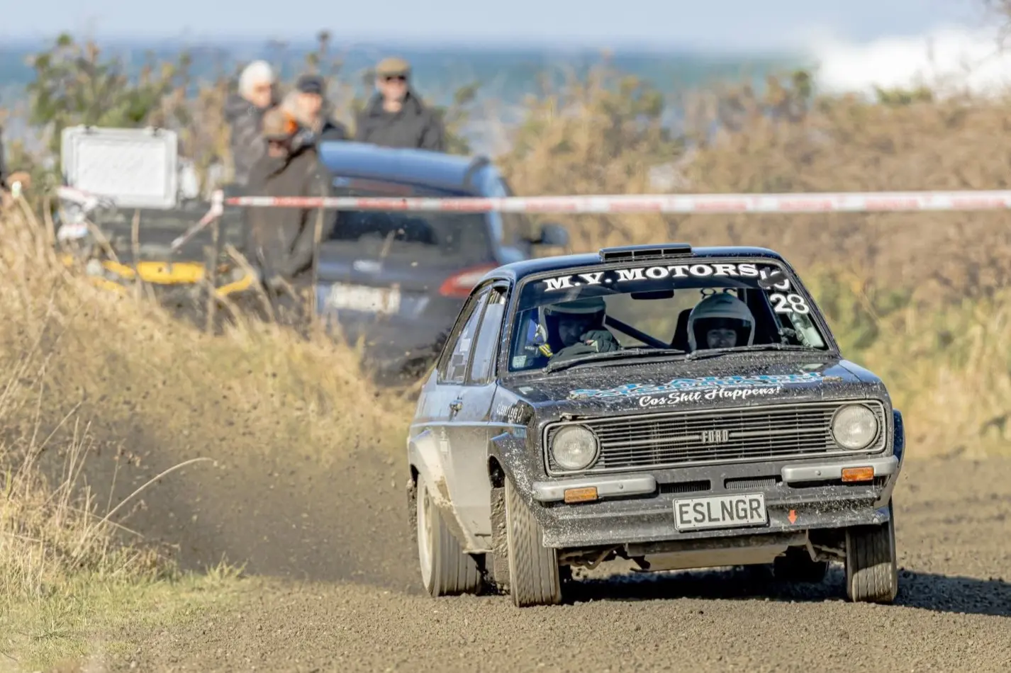 Balclutha driver Jareb Verdoner and co-driver Brooke Petersen on their way to a fifth place overall in the McLellan Freight Catlins Rallysprints at the weekend, blitzing Verdoner\\'s MkII Escort through day 2\\'s Cannibal Bay stage. Photo: Graeme A Fraser Photography