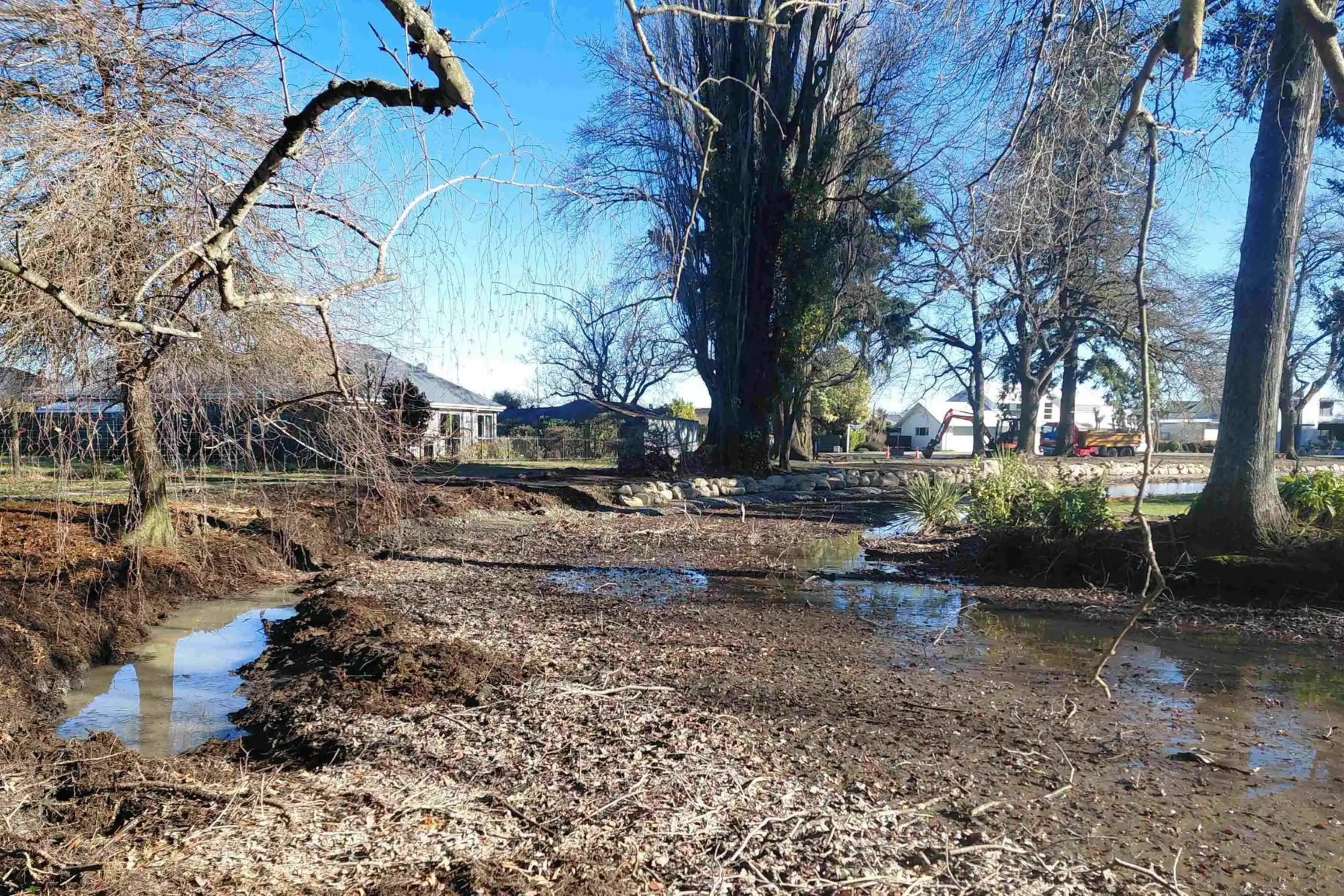 Water has been cut off to the middle pond in the Ashburton Domain for a couple of weeks so that contractors can continue their bank stabilisation work at the back of the cricket oval and pavilion. You\\'ll see machinery and some big rocks on Philip St. PHOTO ASHBURTON DISTRICT COUNCIL