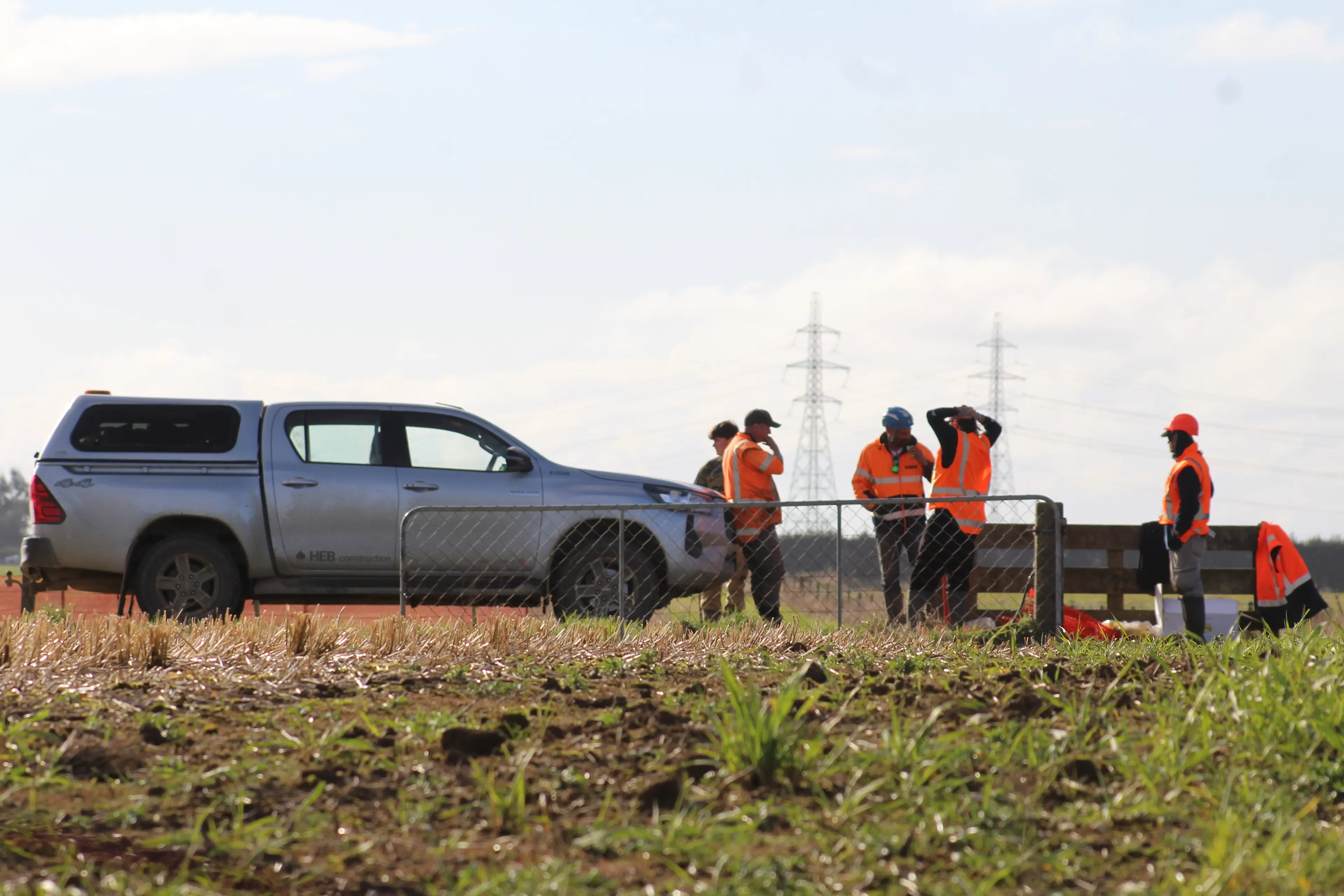 Members of the HEB Construction crew have a korero at the Makarewa data centre site on Thursday afternoon. Photo: Toni McDonald