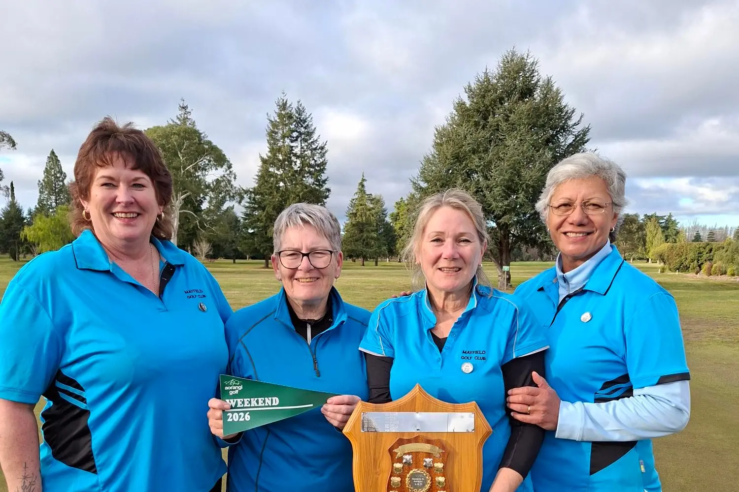 The Mayfield team of (from left) Sharon Watson, Sue Graham, Lynley MacKenzie and Christine Ross celebrates winning the weekend pennant competition. Photo: Supplied