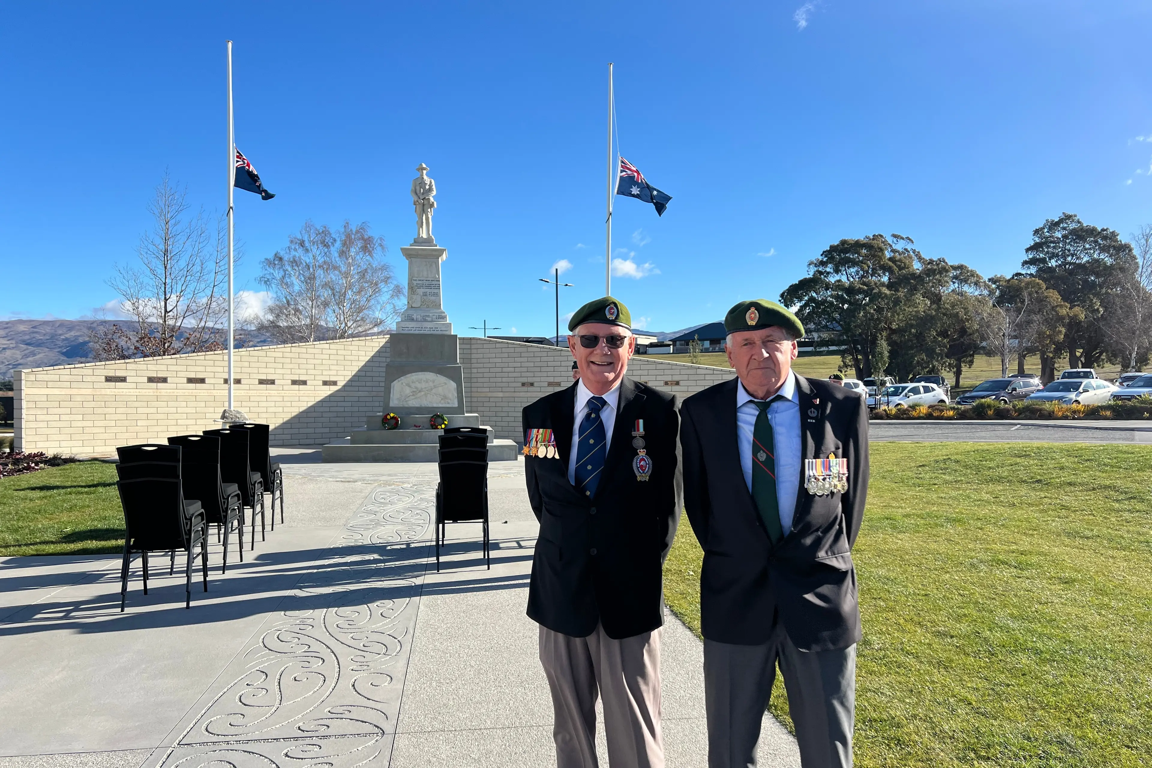 Cromwell RSA Secretary Peter Svensson (left) and Vietnam War Veteran Lewis Pagan  stand outside the Cromwell Memorial Events Centre, following the wreath-laying service marking the 60th anniversary of the battle of Long Tan. Photo: Carys Trotter