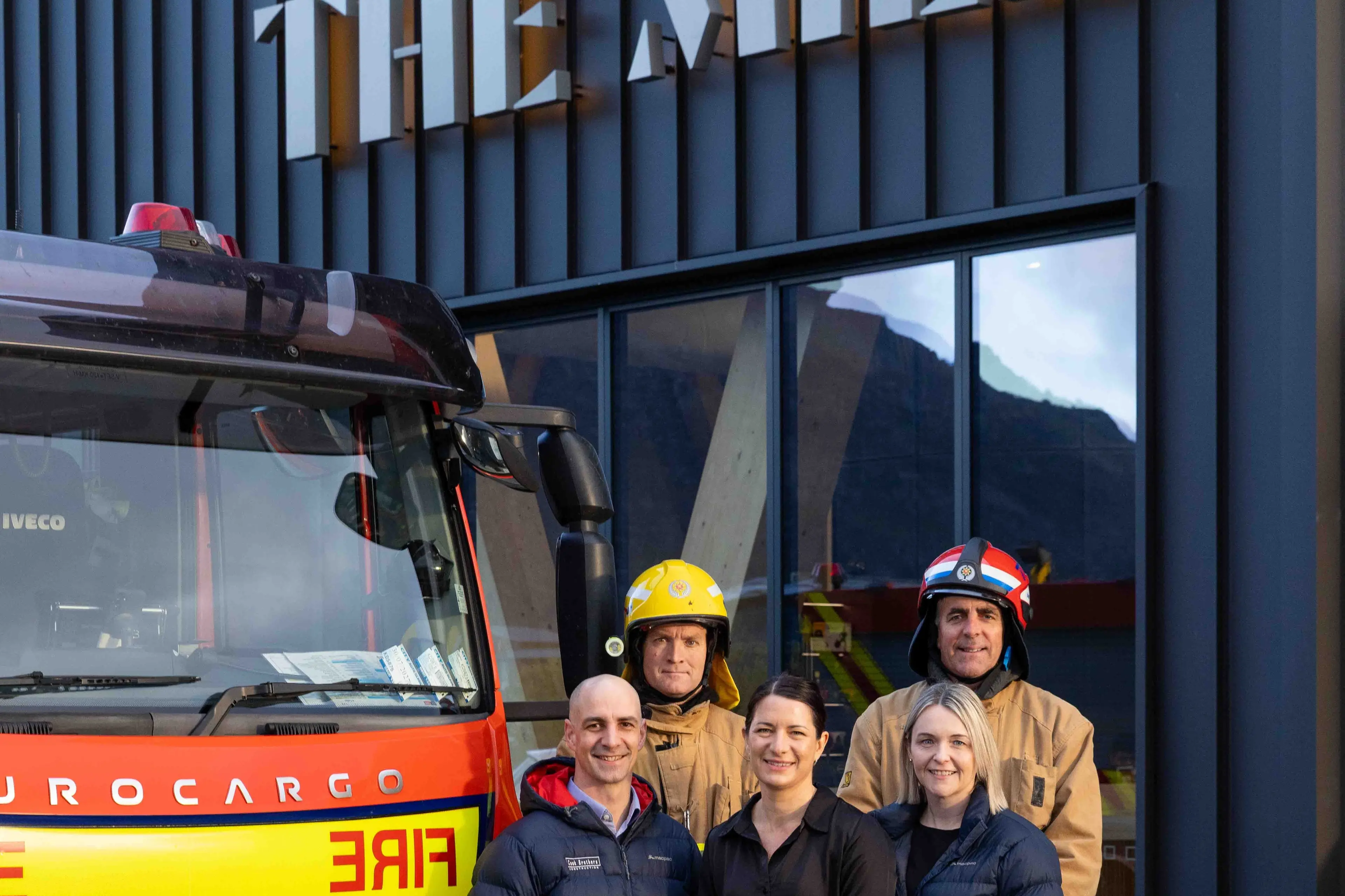 Stop, drop and run: Pictured ahead of tomorrow\\'s Cook Brothers Construction\\'s 24-hour treadmill fundraiser for Whakatipu volunteer fireys at The Mill are, from left, Cook Brothers\\' Josh Gibbons, Frankton vollie Craig McIntosh, The Mill\\'s Carly McCarthy, event organiser Haleigh Glass, of Cook Brothers, and Frankton firey Andrew Doole. Photo: James Allan Photography