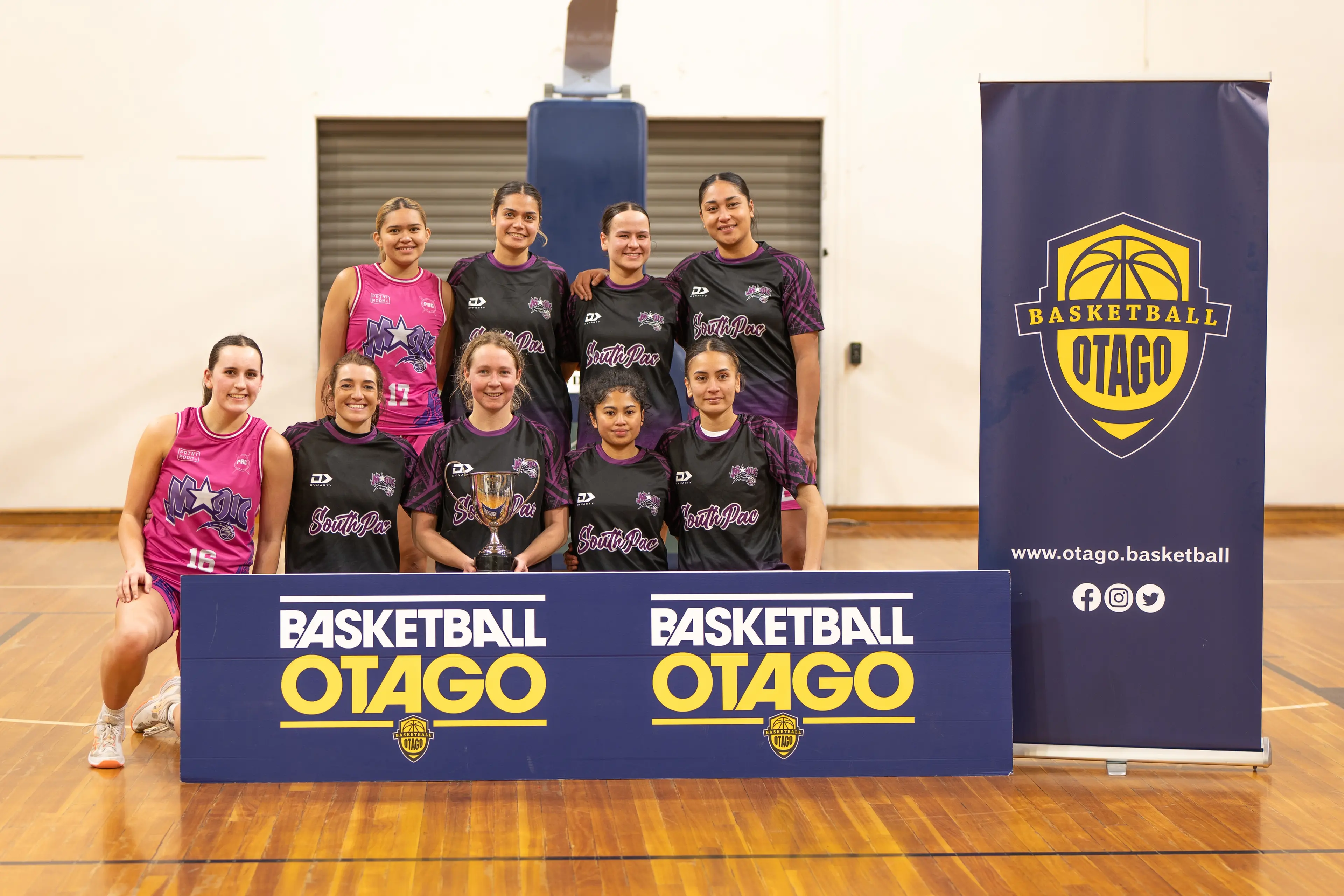 South Pac Magic players (back row from left) Maia Paewai, Sereana Rokotakala, Shanti Kara, Fay Fualau-Searle and  (front row, from left) Aria Brown, Dayna Turnbull, Millie Simpson, Mary Salvana and Legacy Harrison celebrate winning the Dunedin women\\'s A grade competition. Absent: Kiana Brown and Lanea Tuiasosopo. Photo: Supplied