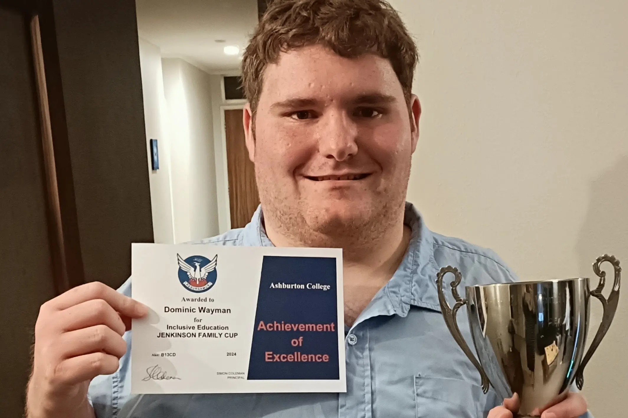 The late Dominic Wayman was so proud when he was awarded the Jenkinson Family Cup for achievement of excellence in 2024. Photo: Supplied