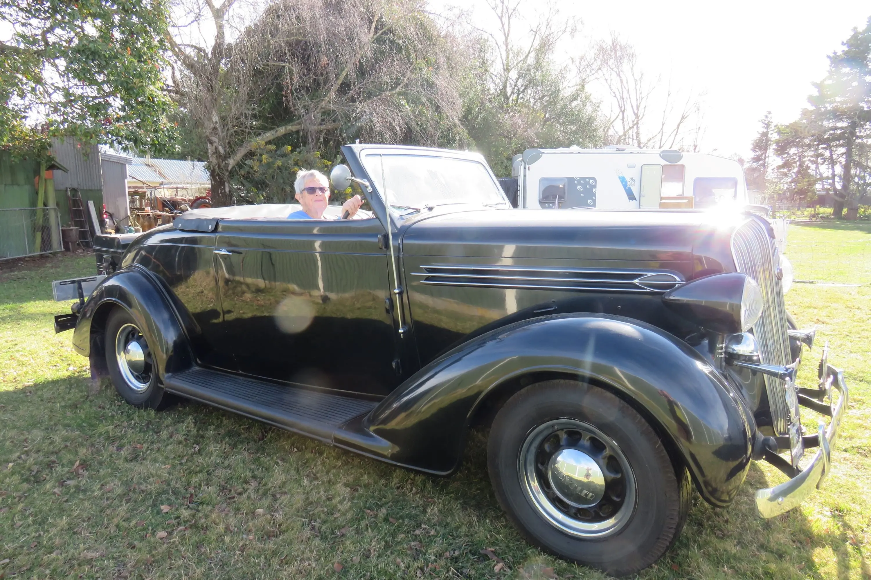 Ashburton Vintage Car Club\\'s newest life member Diane Ross in her favourite car - a Chrysler Convertible Coupe 1936. Photo: Dellwyn Moylan