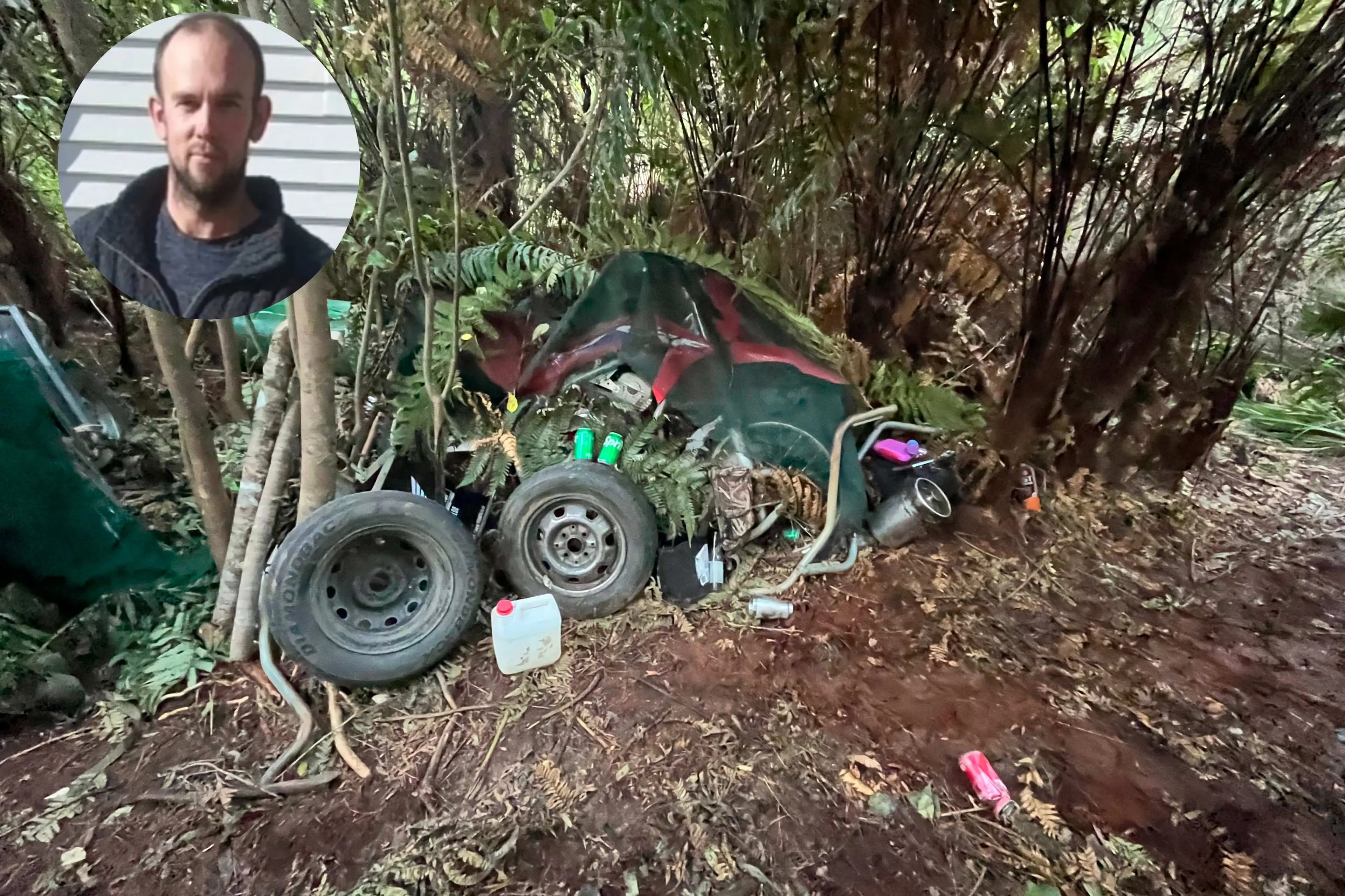 A photo of Tom Phillips over a picture released by police of one of the campsites he used. Photo: RNZ / Supplied / Police