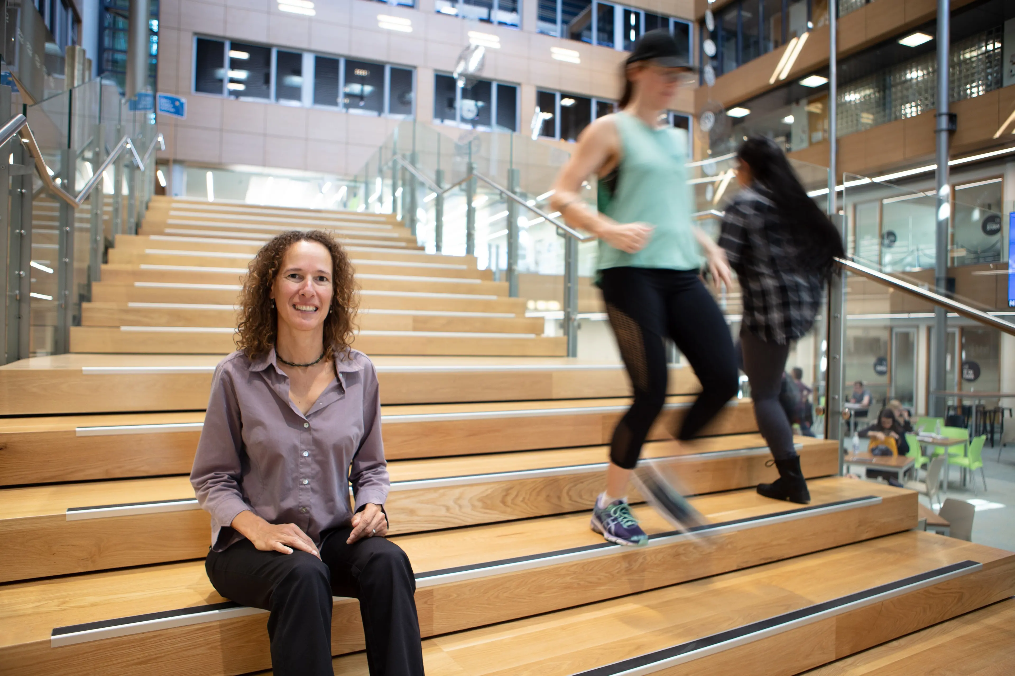University of Otago Brain Health Research Centre psychologist\\u00A0Prof\\u00A0Liana Machado takes a seat while participants in her cognition study run up and down stairs. Photo: Guy Frederick