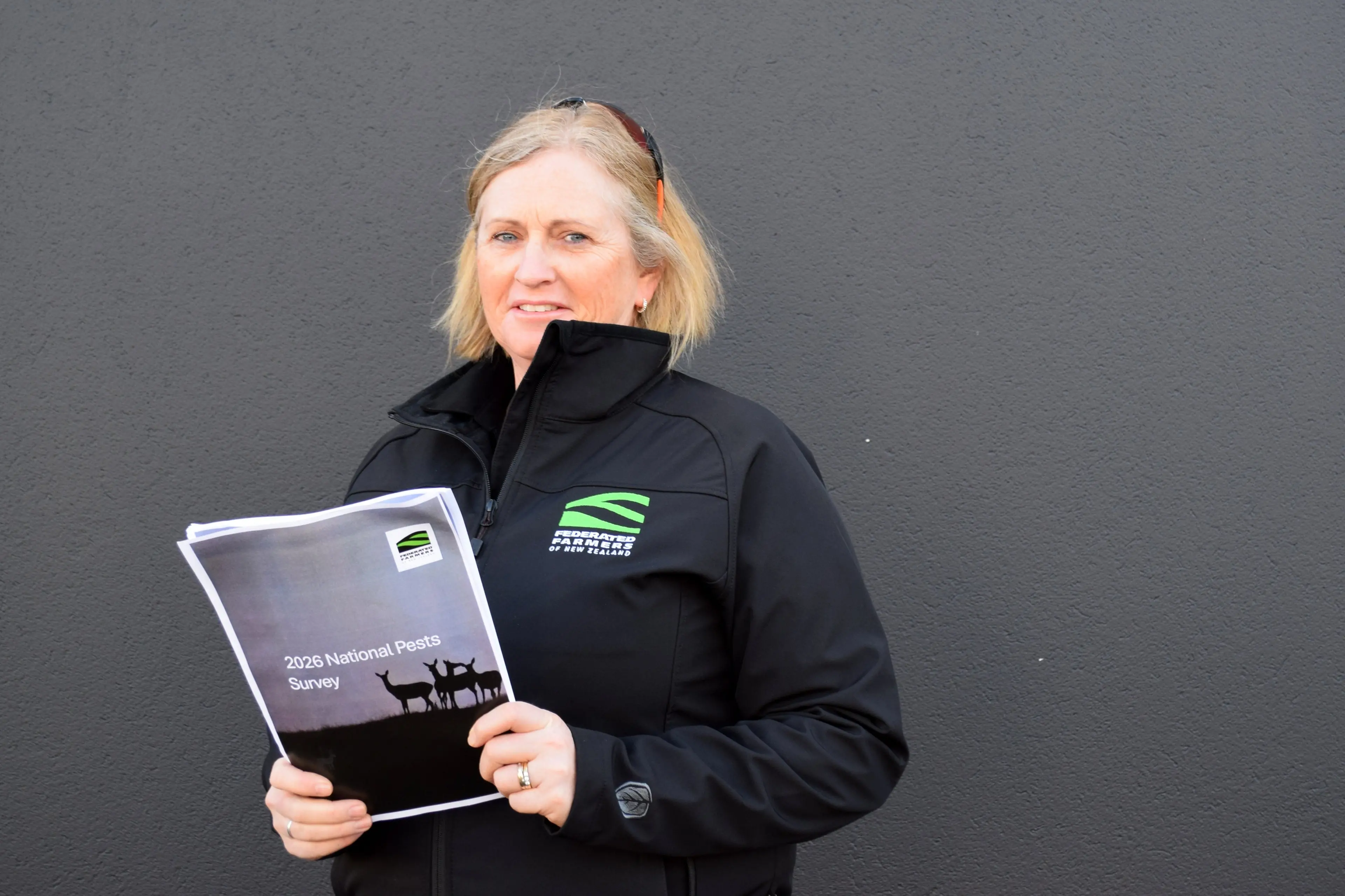 Federated Farmers Otago president Anna Gillespie, of Omakau, reads the 2026 National Pests Plan Survey. Photo: Shawn McAvinue