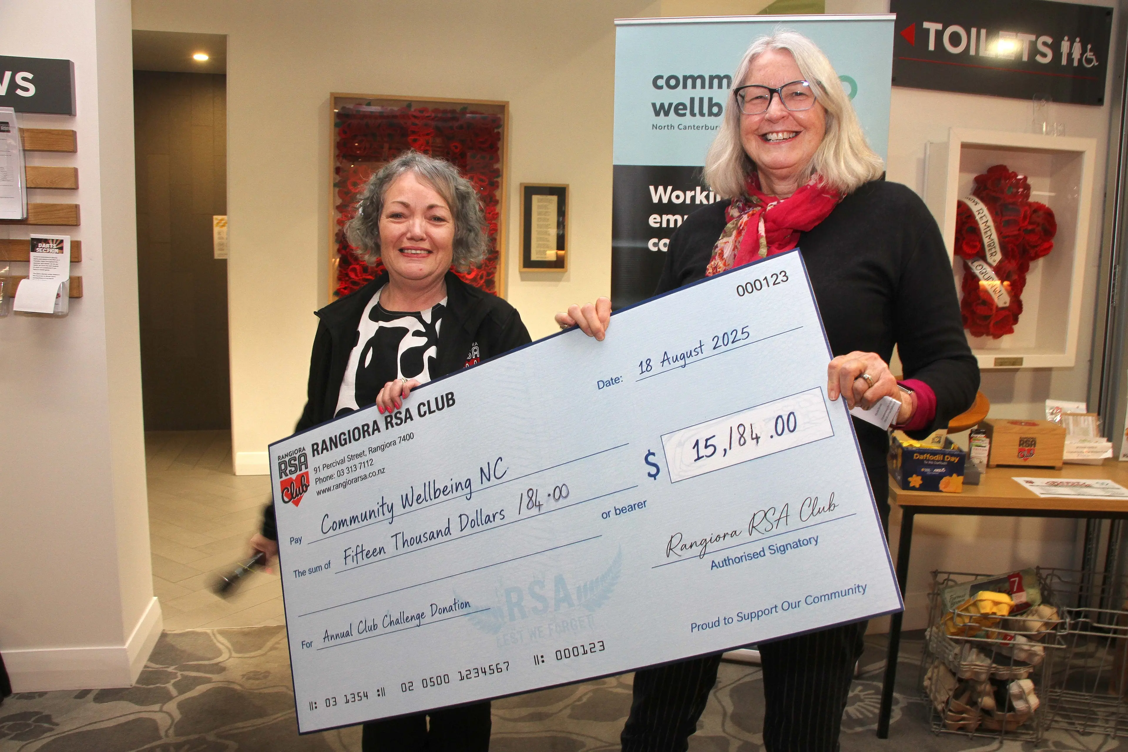 Many thanks . . .Rangiora RSA Club secretary-manager Jane Sommerville (left) and Community Wellbeing North Canterbury Trust CEO Deidre Ryan, look over the check for $15,184 the club raised for the trust through their annual Club Charity Challenge \\u2013 Sport-A-Thon Weekend. Photo: John Cosgrove 