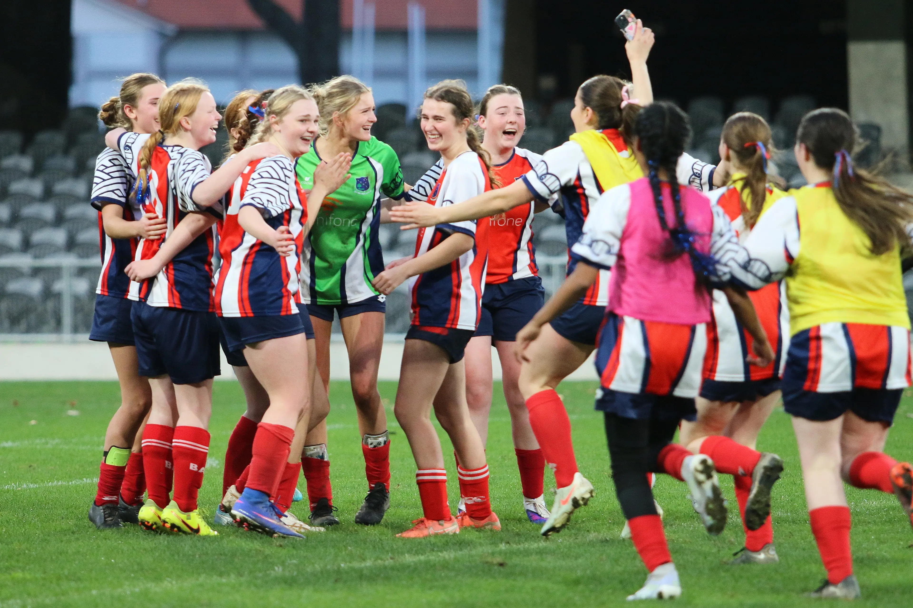South Otago High School\\'s girls First XI celebrate their season victory in Dunedin on Thursday, August 13. Photo: Supplied