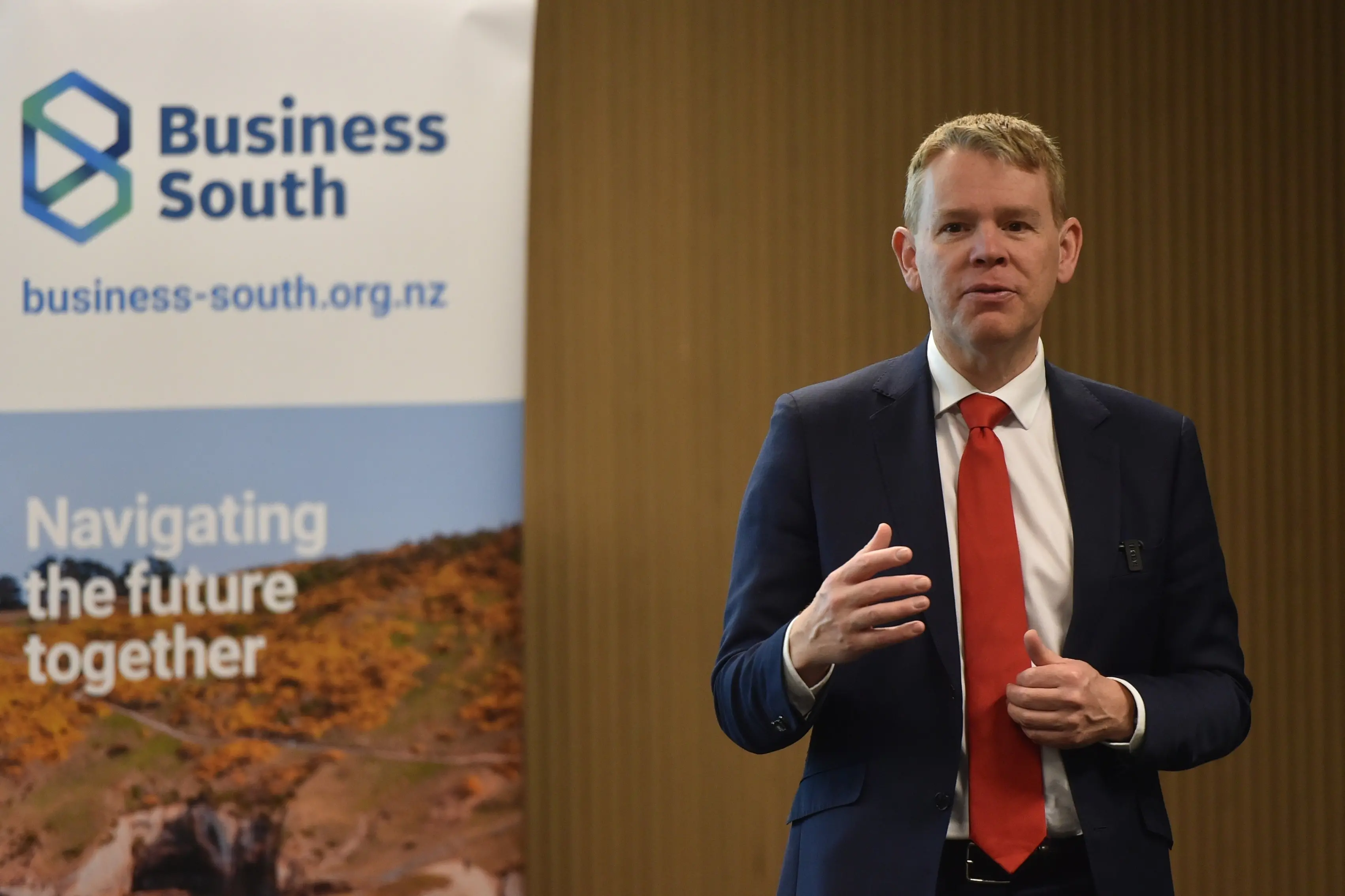 Labour leader Chris Hipkins speaks at a a Business South event at the Hutton Theatre on Friday morning. Photo: Gregor Richardson