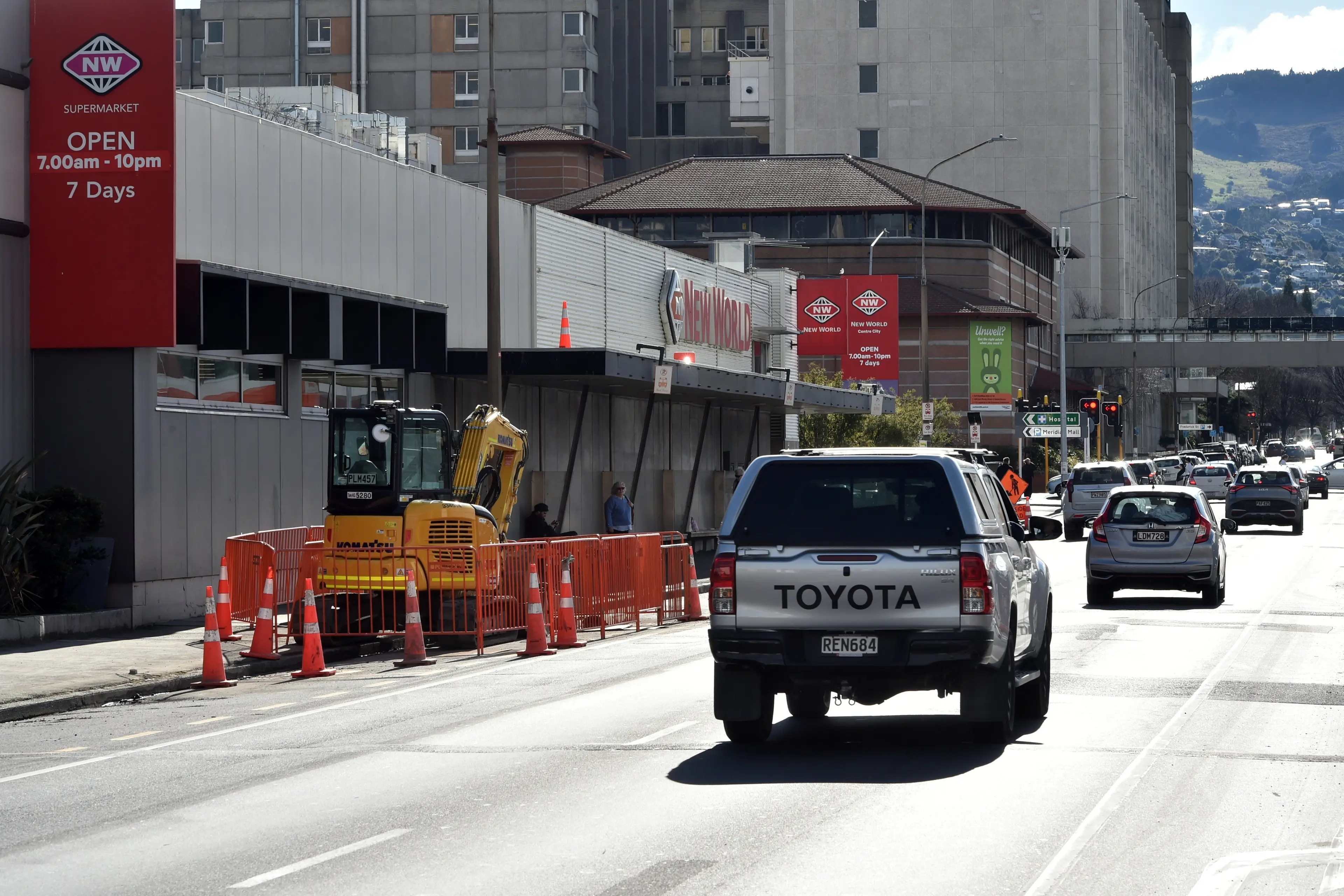 A digger at the site of a new traffic light controlled crossing going in outside the new Dundin Hospital outpatients building in Cumberland St on Thursday morning. Photo: Gregor Richardson