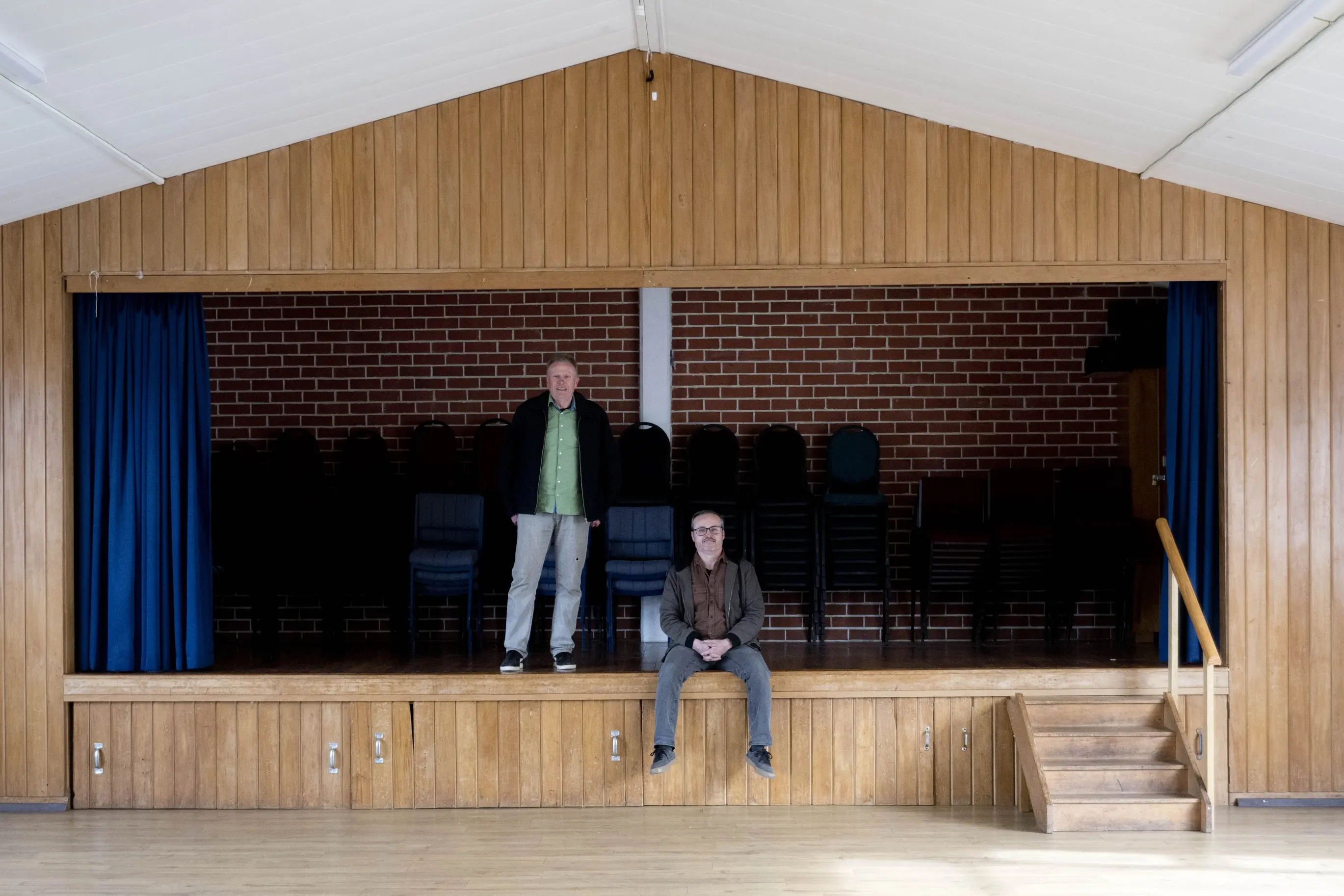 Promoters Simone Vare (left) and Patrick Mathewson on the stage of the Ravensbourne Hall. Photo: Gerard O\\'Brien