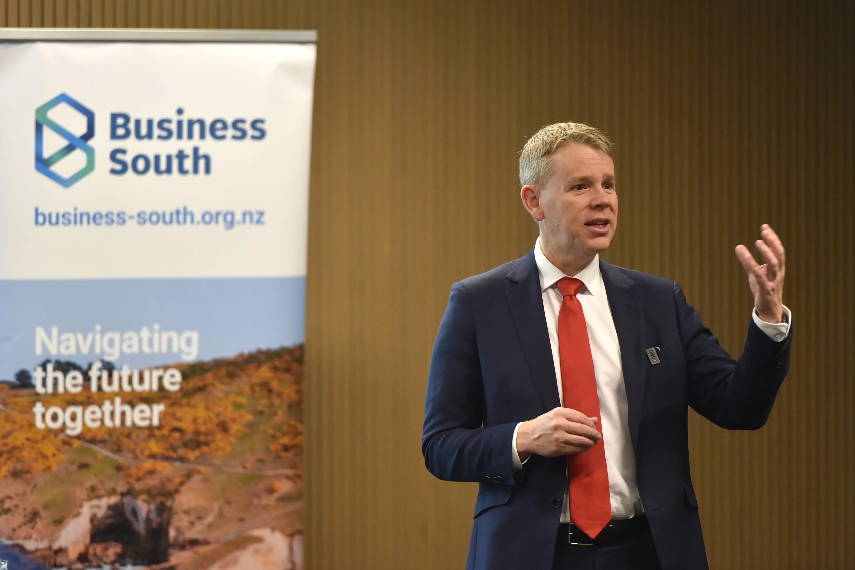 Labour leader Chris Hipkins speaks at a Business South event at the Hutton Theatre on Friday morning. Photo: Gregor Richardson